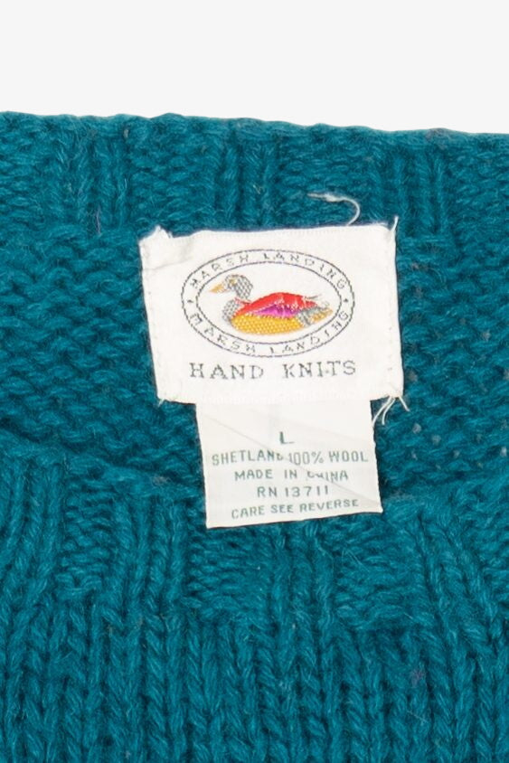 Vintage Hand Knit Teal Marsh Landing Sweater (1990s)