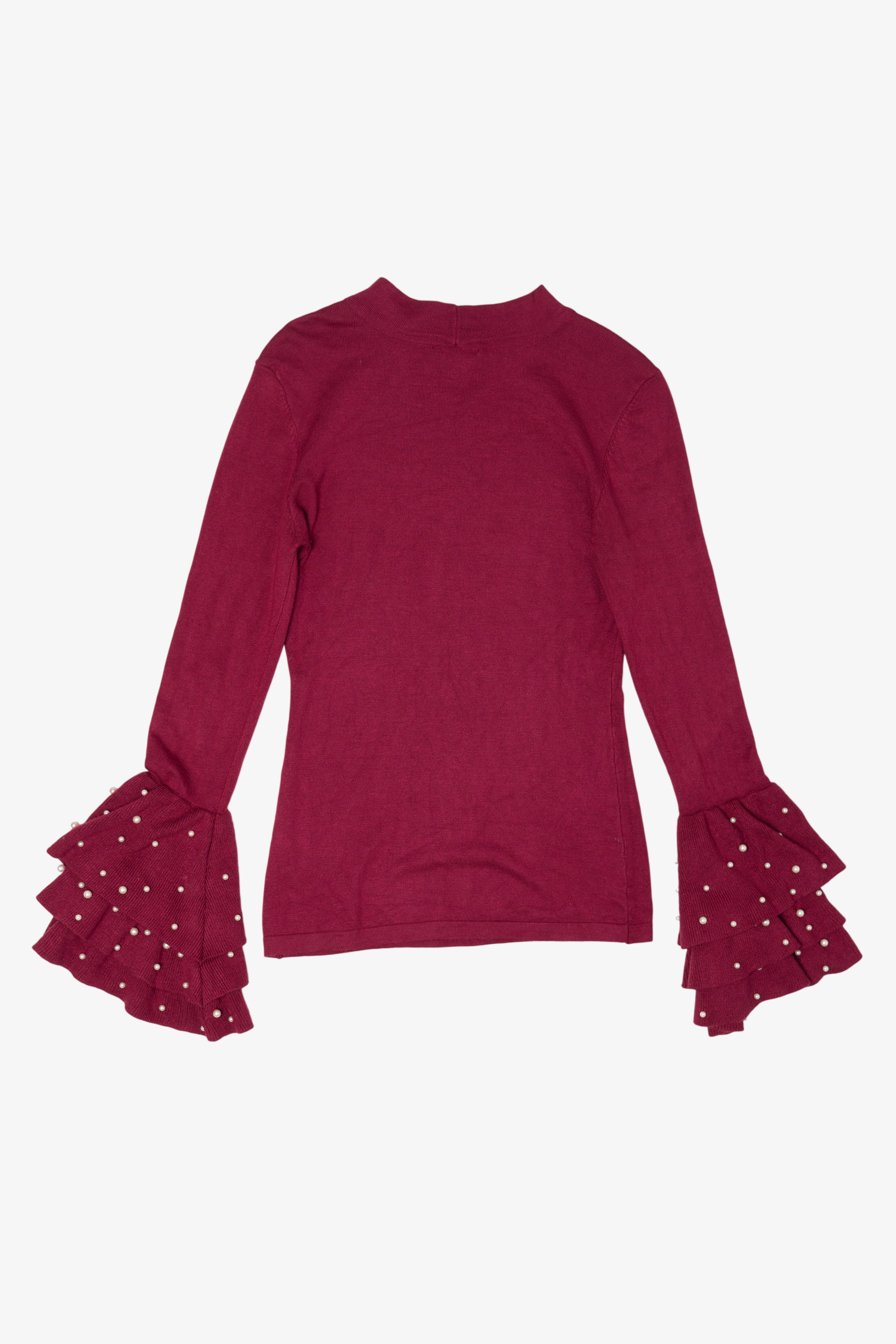 Burgundy Venus Ruffled Bell Beaded Sleeve Sweater (2010s)