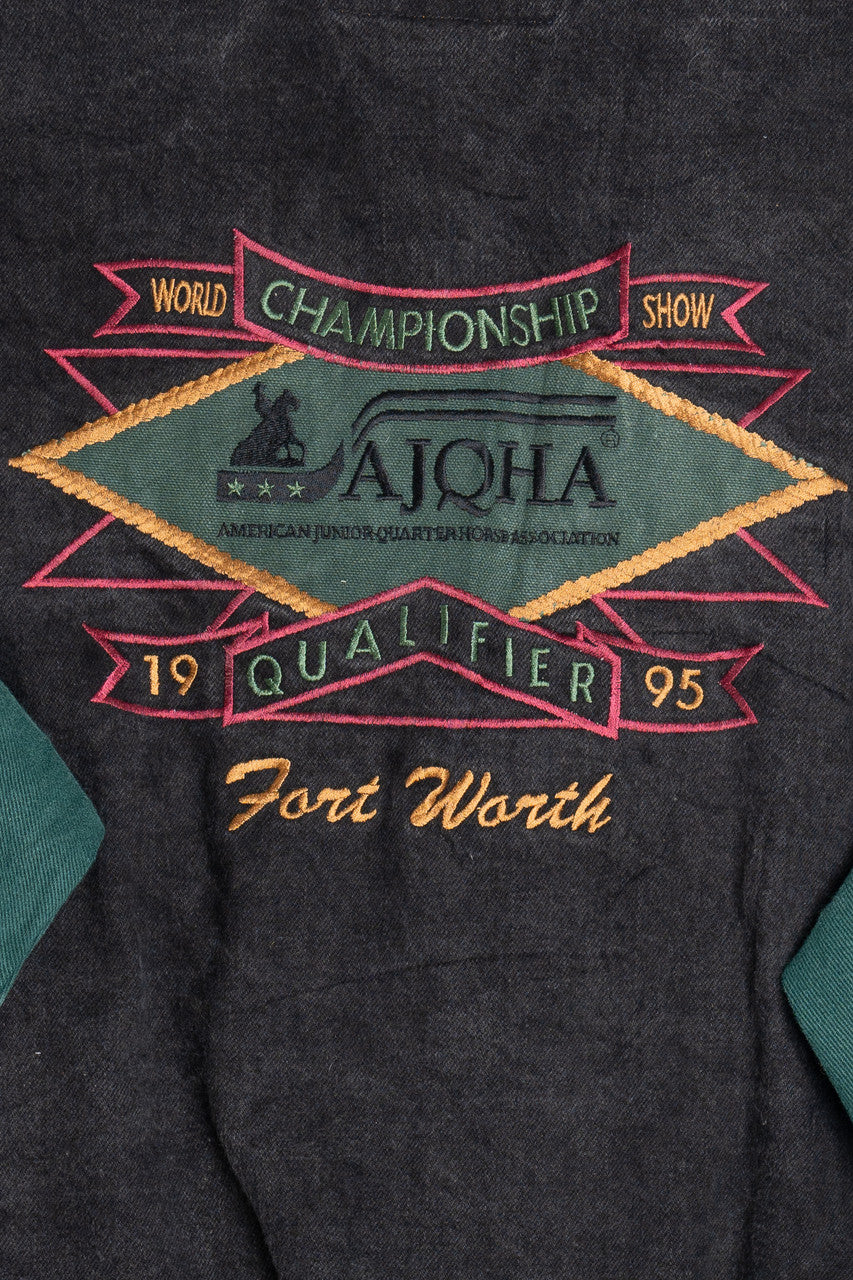 Vintage 1995 "AJQHA" Horse Show Embroidered Color Block Denim Jacket