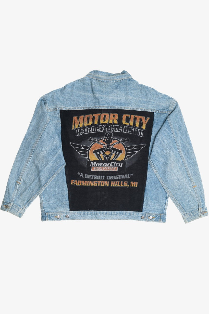 Vintage Upcycled Harley Davidson "Motor City" Patch Denim Jacket 1588
