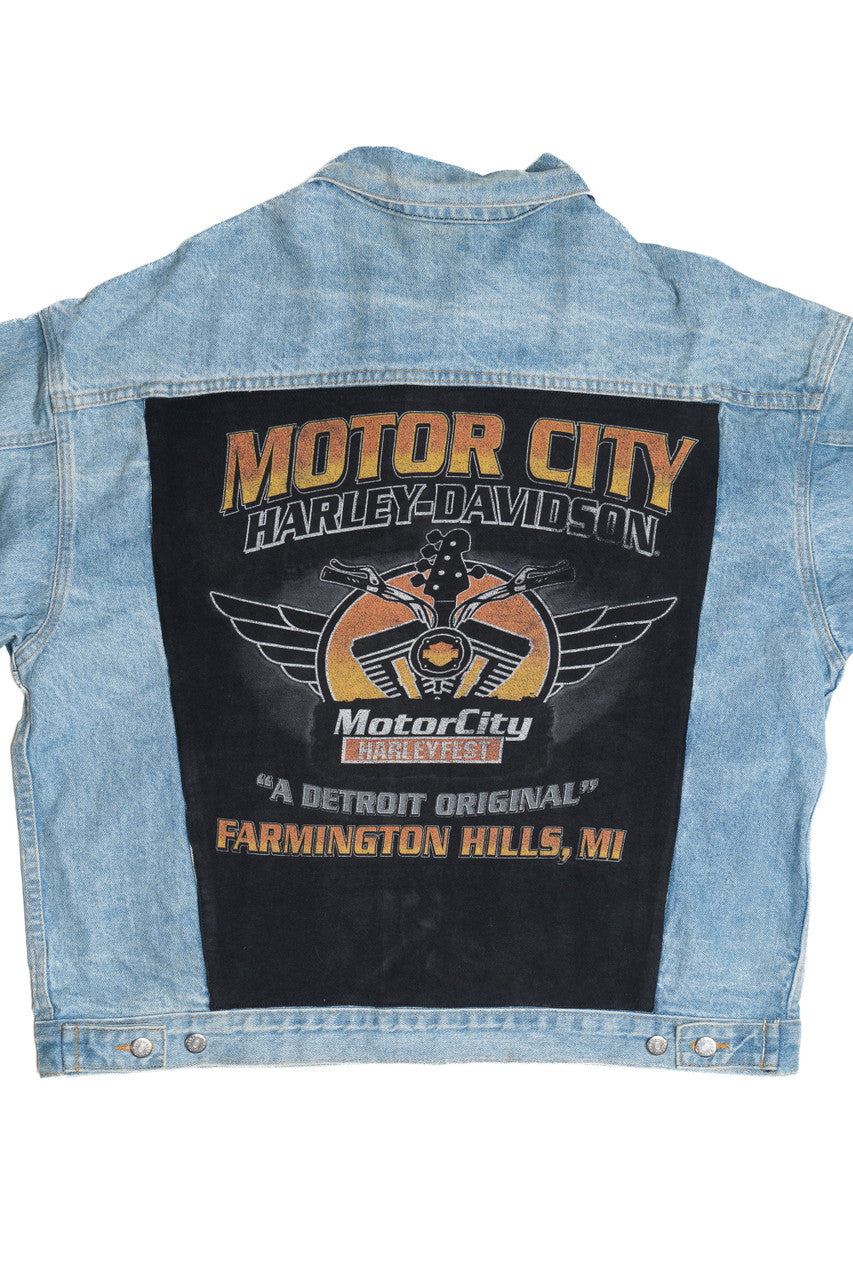 Vintage Upcycled Harley Davidson "Motor City" Patch Denim Jacket 1588