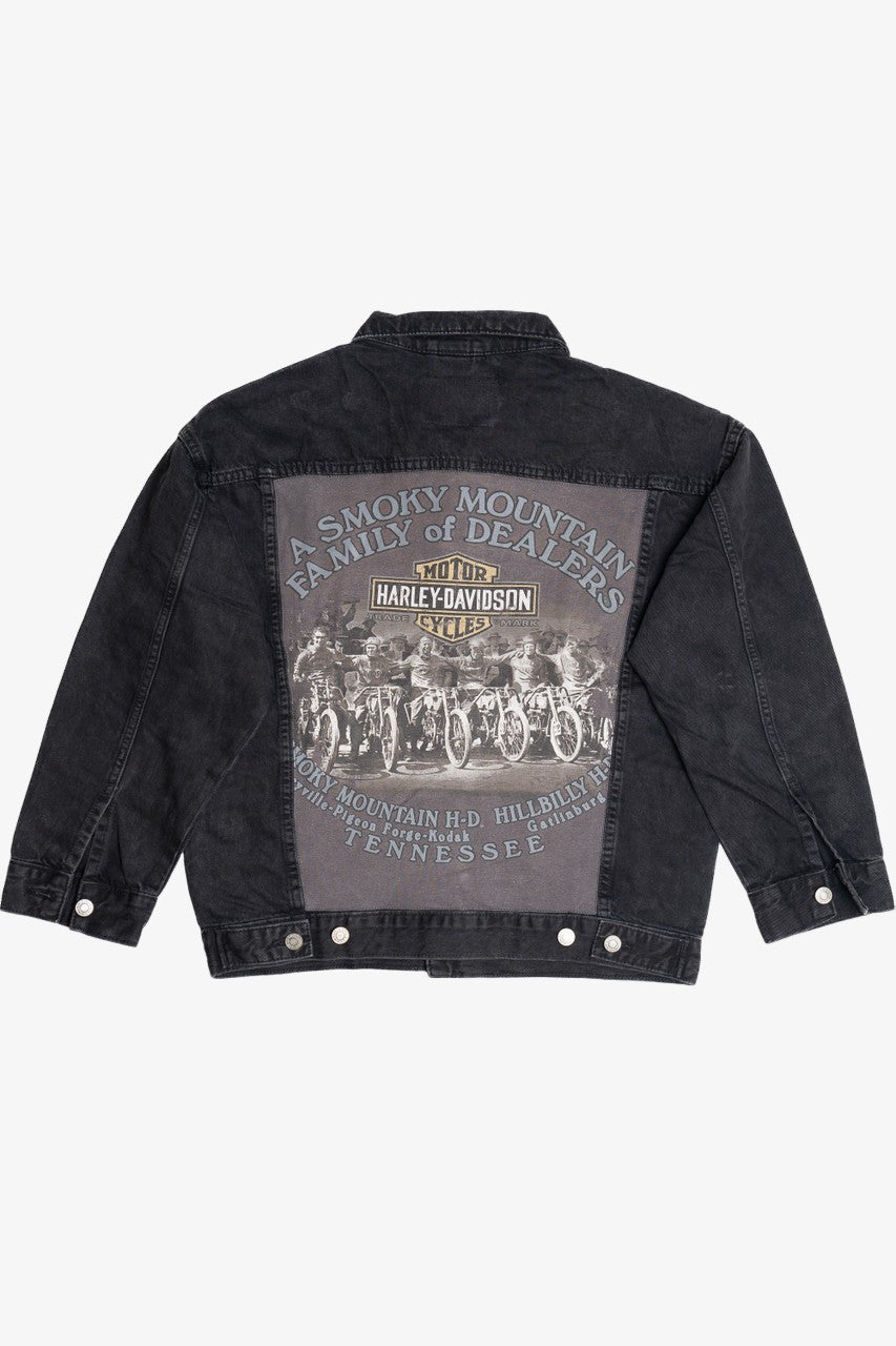Upcycled Harley Davidson "Smoky Mountain" Back Patch Black Denim Jacket