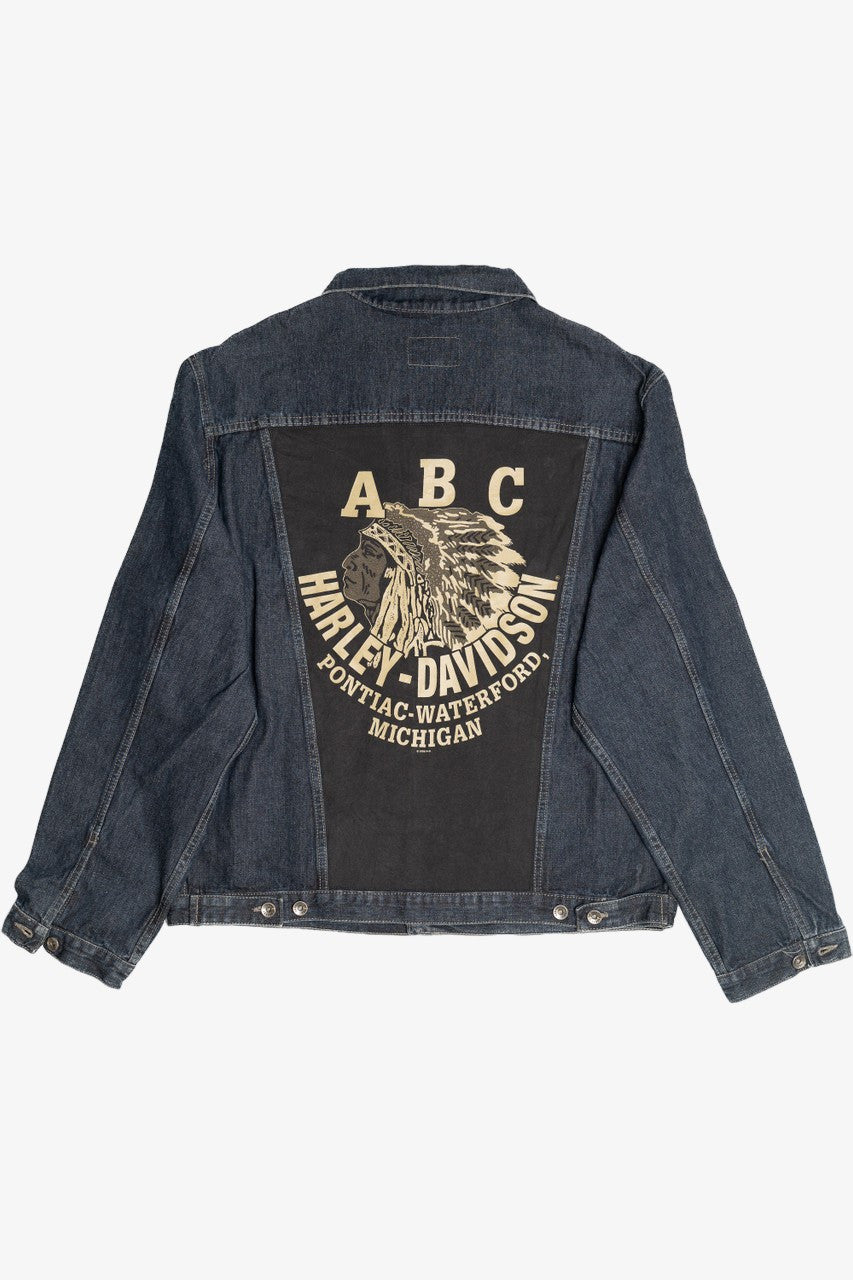 Upcycled Harley Davidson "ABC" Michigan Back Patch Denim Jacket