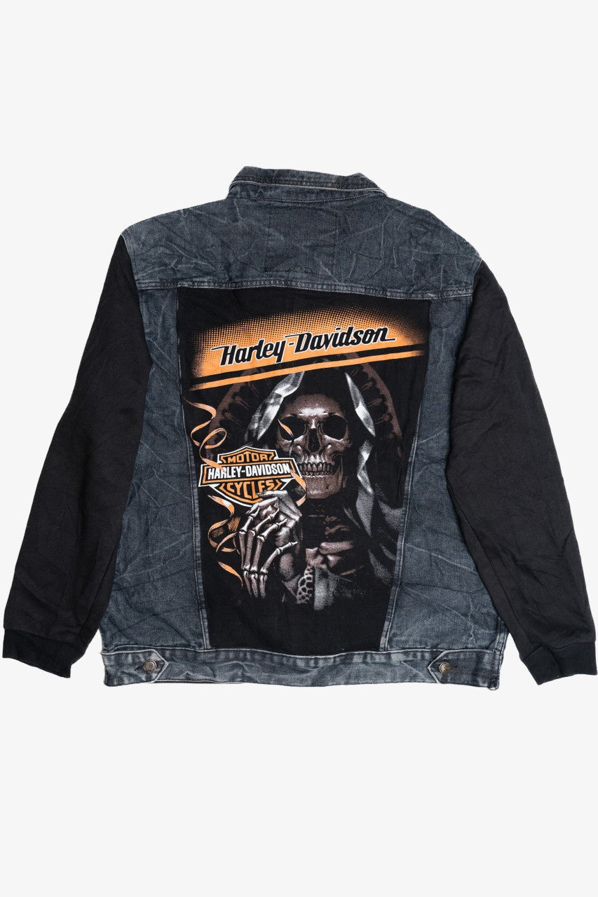 Upcycled Harley Davidson Skeleton Back Patch Denim Jacket