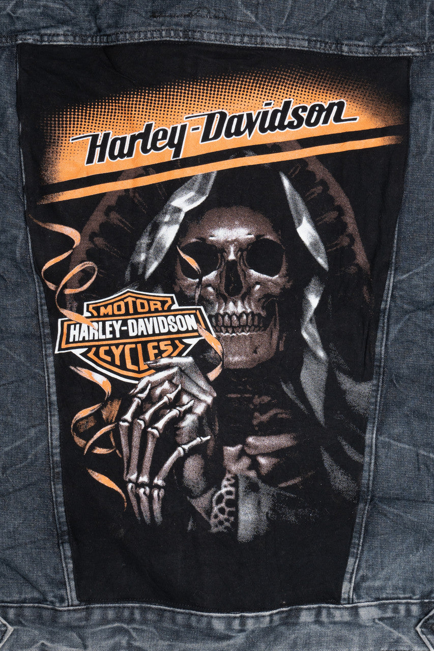 Upcycled Harley Davidson Skeleton Back Patch Denim Jacket