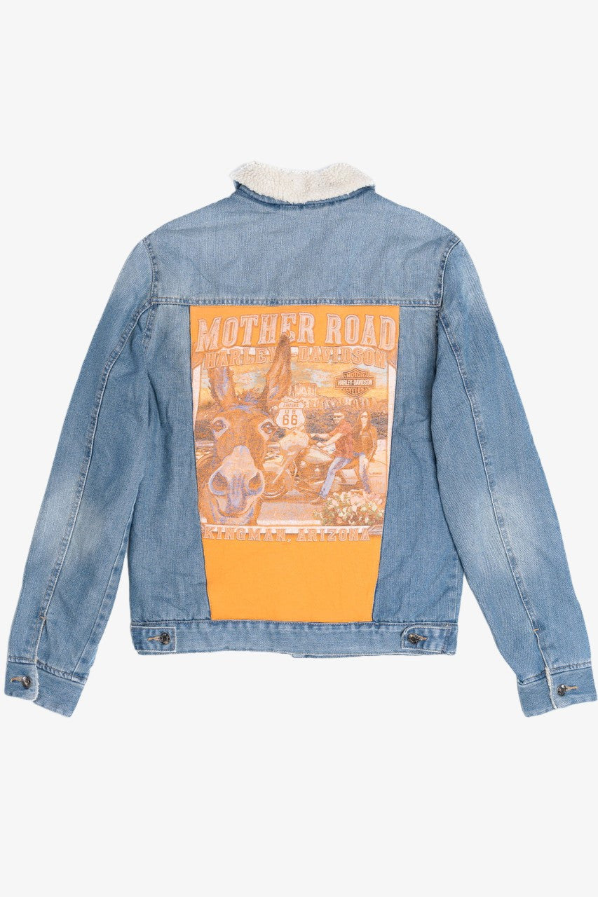 Upcycled Harley Davidson "Mother Road" Back Patch Denim Jacket