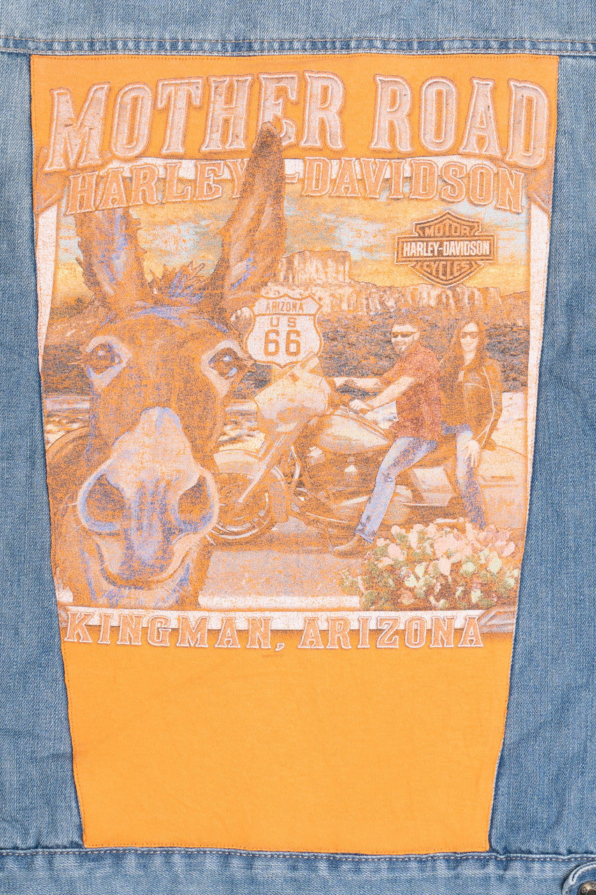 Upcycled Harley Davidson "Mother Road" Back Patch Denim Jacket