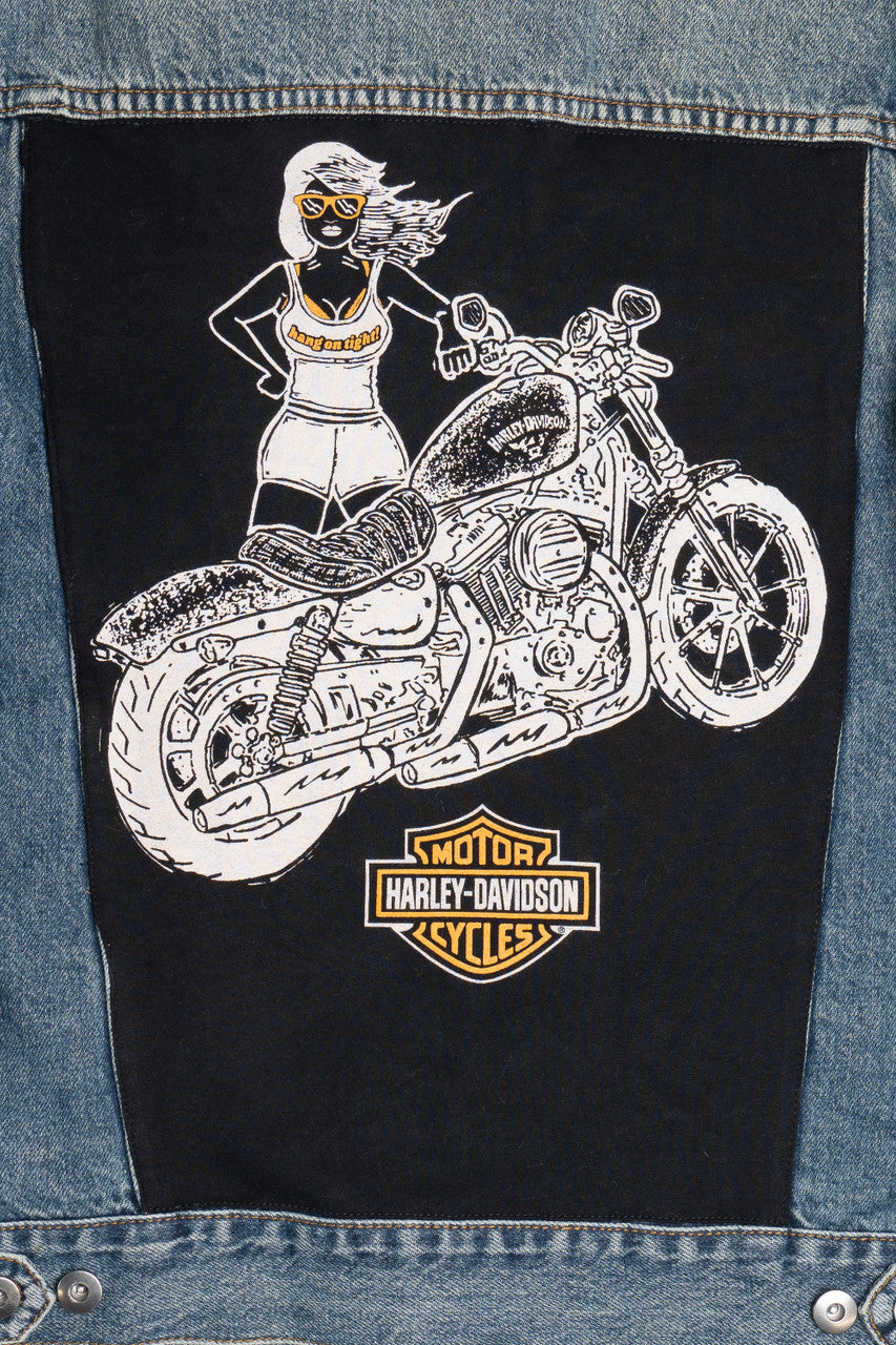 Vintage Upcycled Harley Davidson Biker Girl Back Patch Denim Jacket