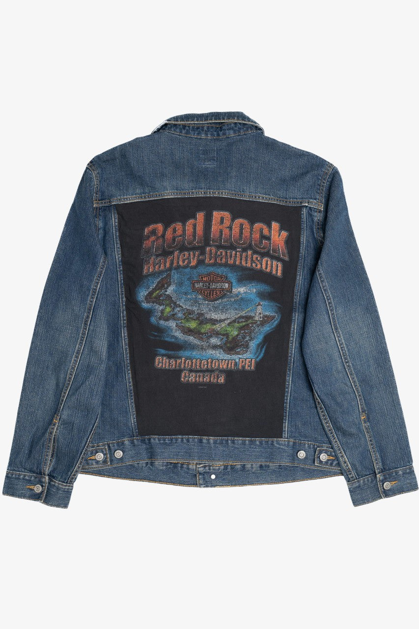 Upcycled Harley Davidson Red Rock Back Patch Denim Jacket 1616