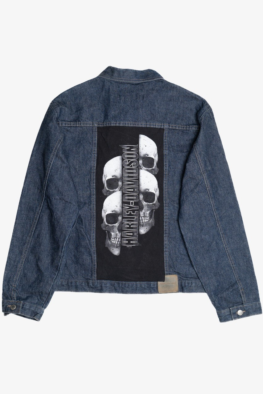 Vintage Upcycled Harley Davidson Split Skulls Back Patch Denim Jacket