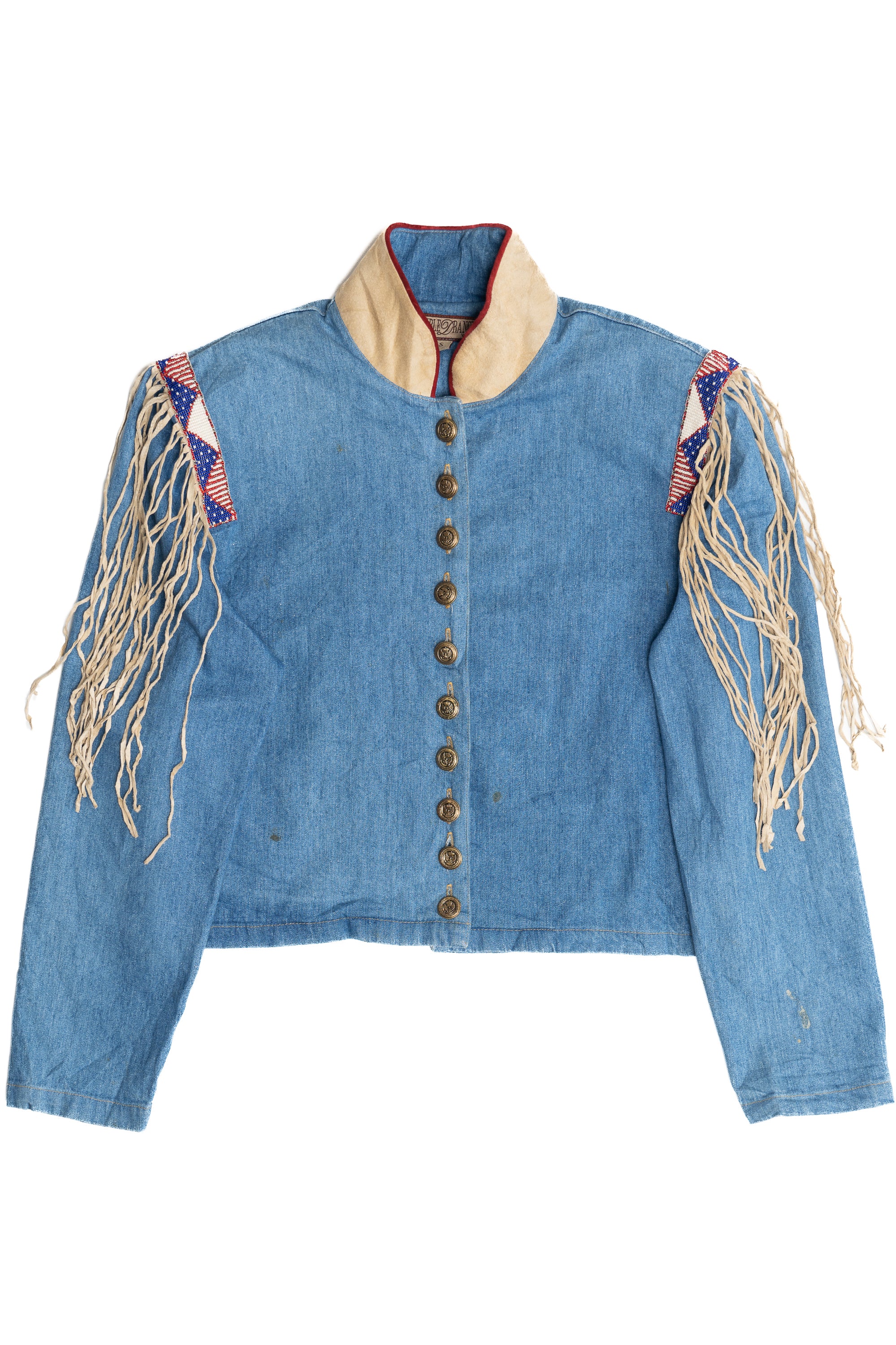 Vintage Beaded American Flag Western Fringe Double D Ranch Denim Jacket (1990s)