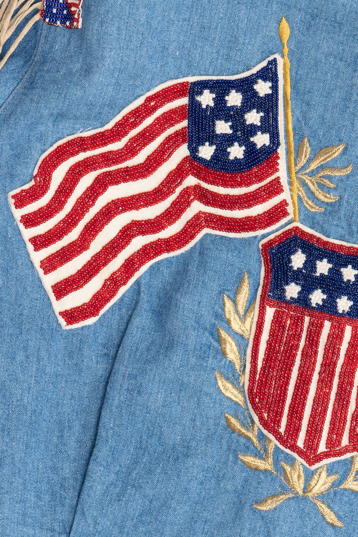 Vintage Beaded American Flag Western Fringe Double D Ranch Denim Jacket (1990s)