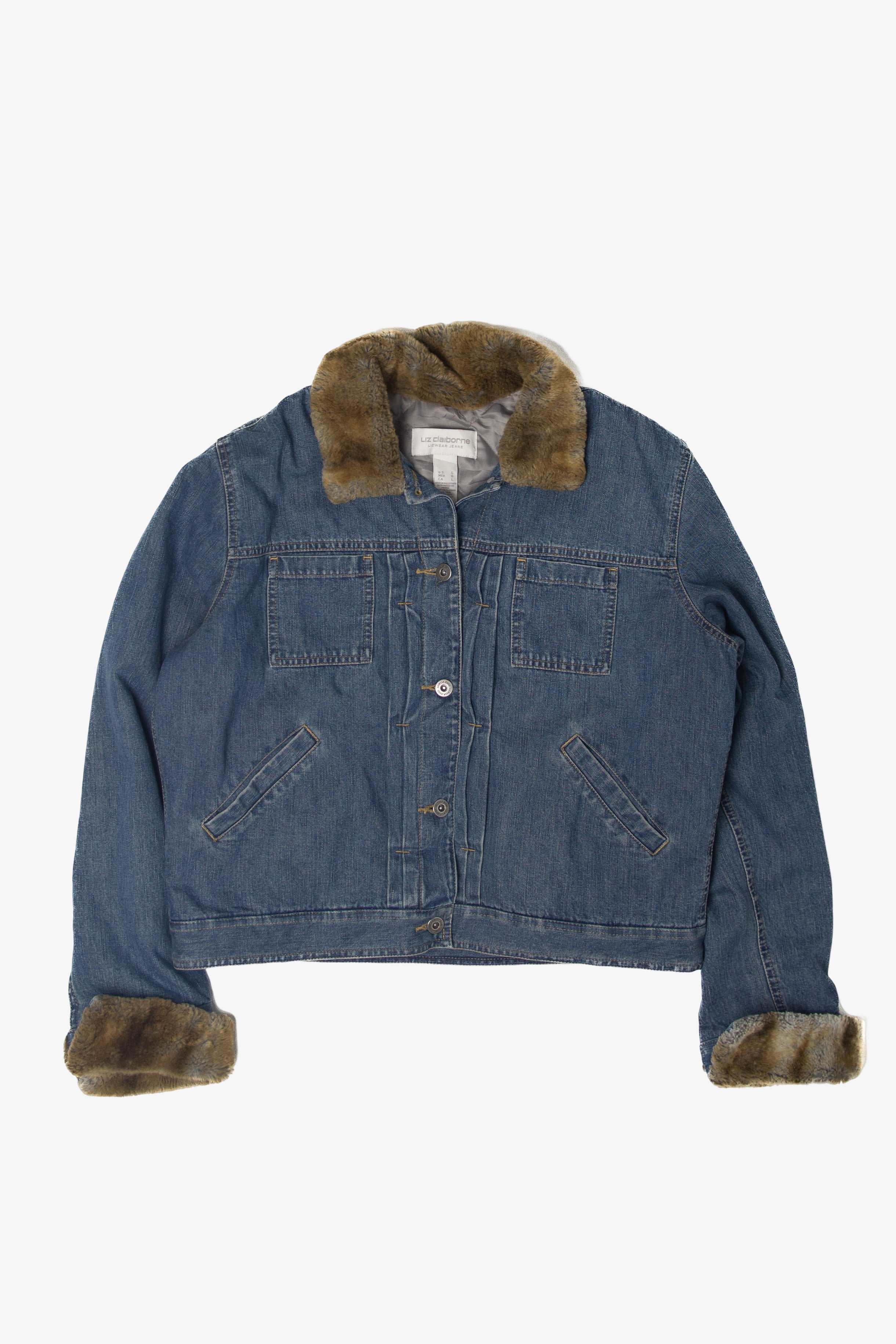 Vintage Y2k Liz Claiborne Faux Fur Trimmed Denim Jacket (2000s)