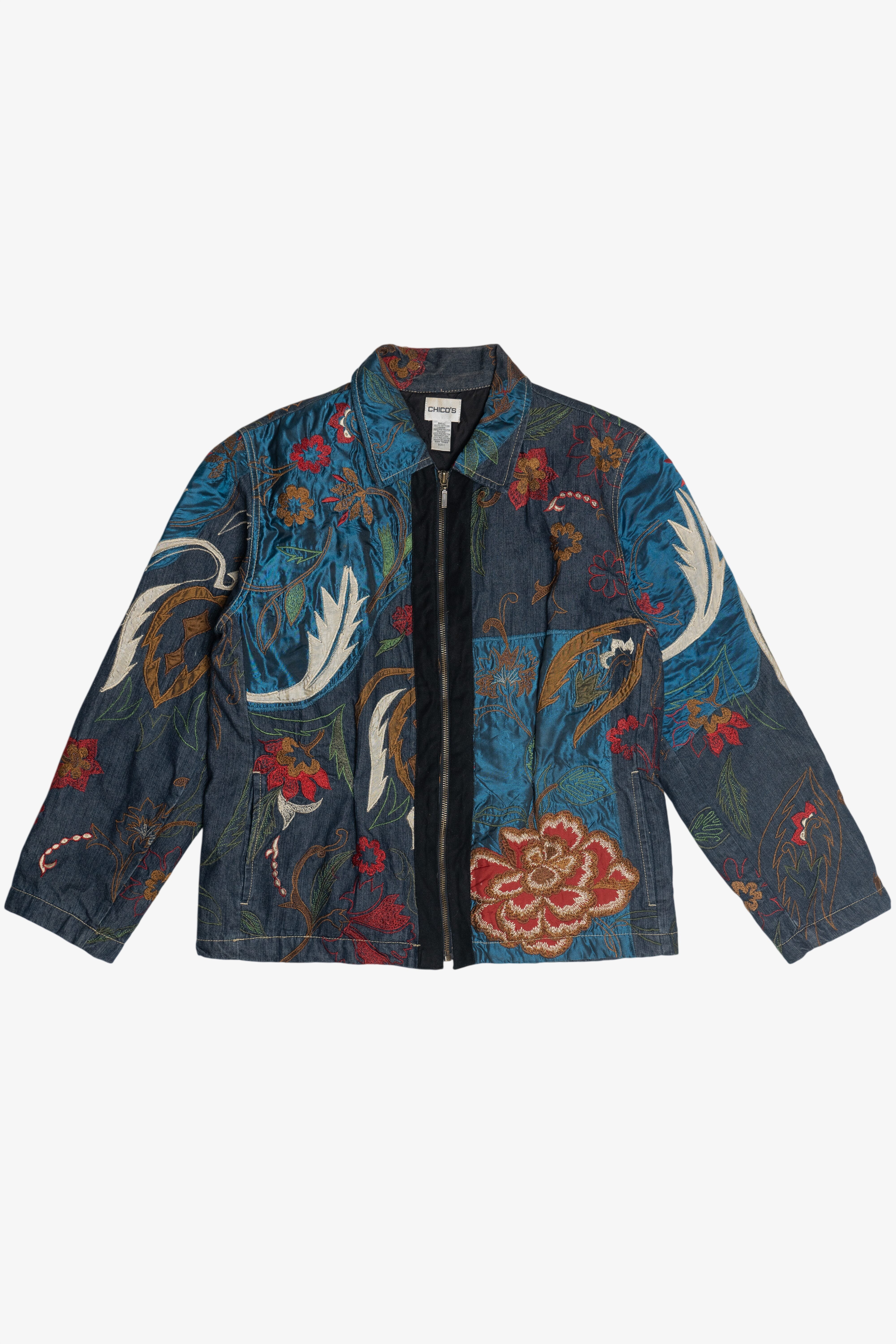 Vintage Chico's Silky Embroidered Patchwork Denim Jacket (2000s