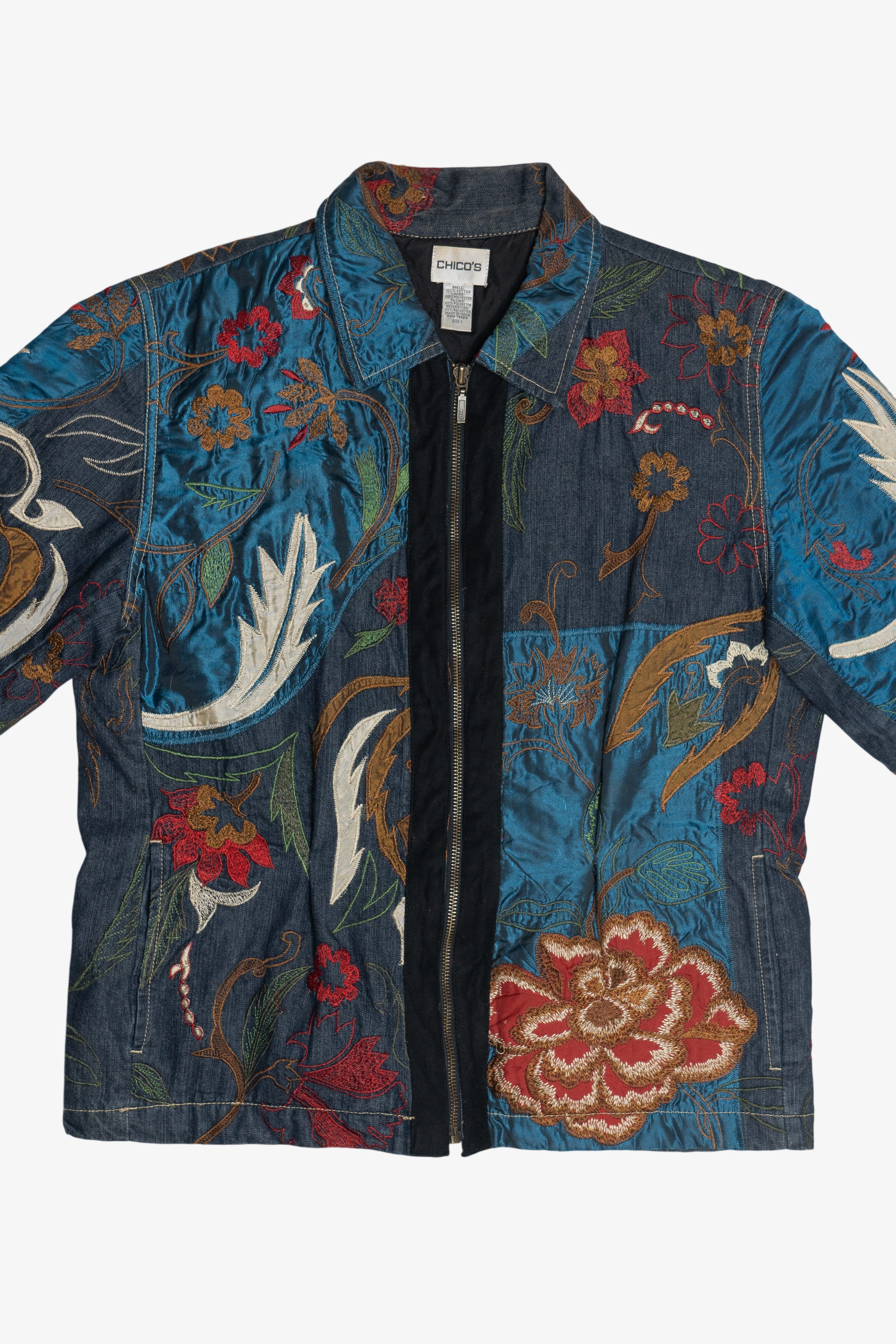 Vintage Chico's Silky Embroidered Patchwork Denim Jacket (2000s