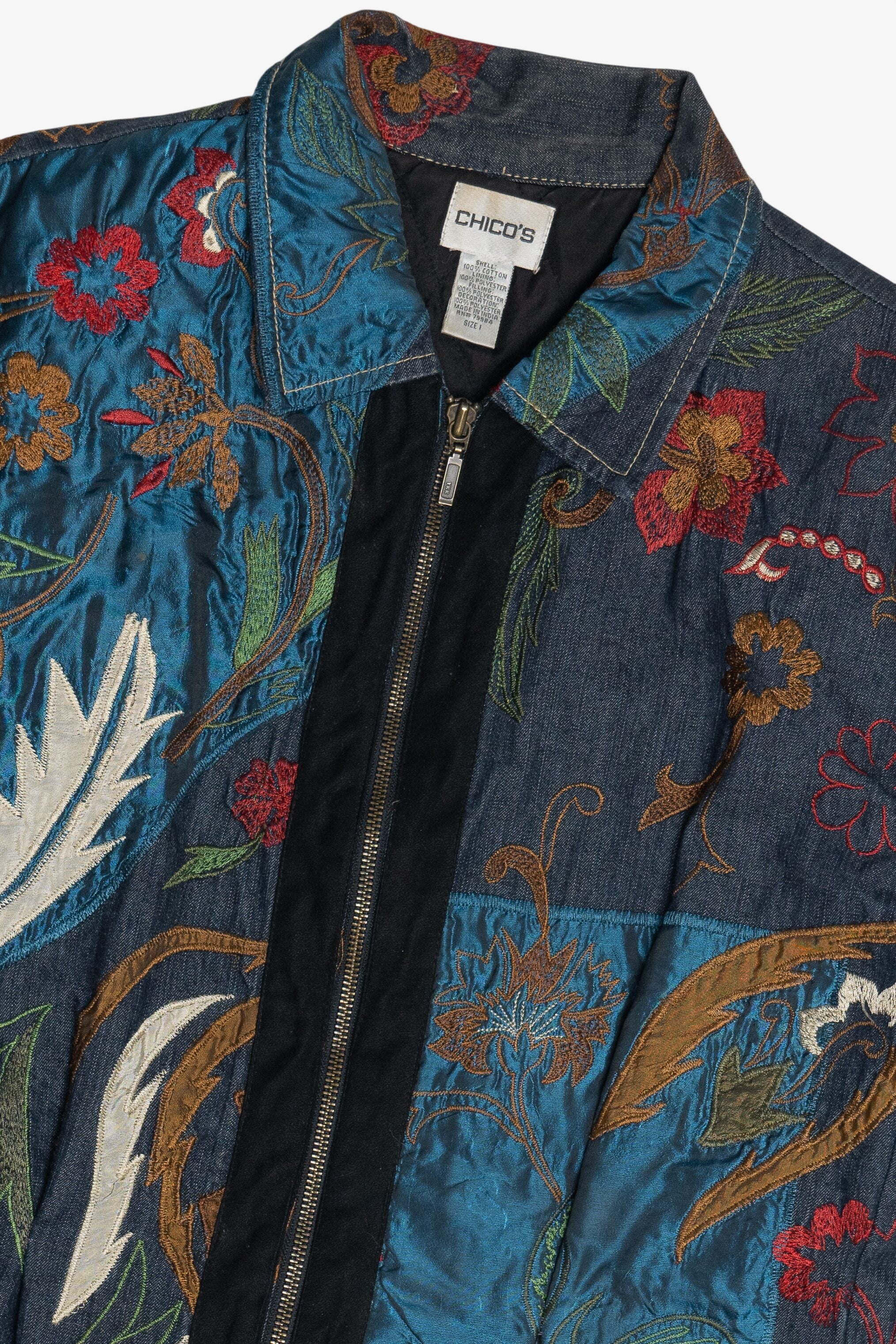 Vintage Chico's Silky Embroidered Patchwork Denim Jacket (2000s