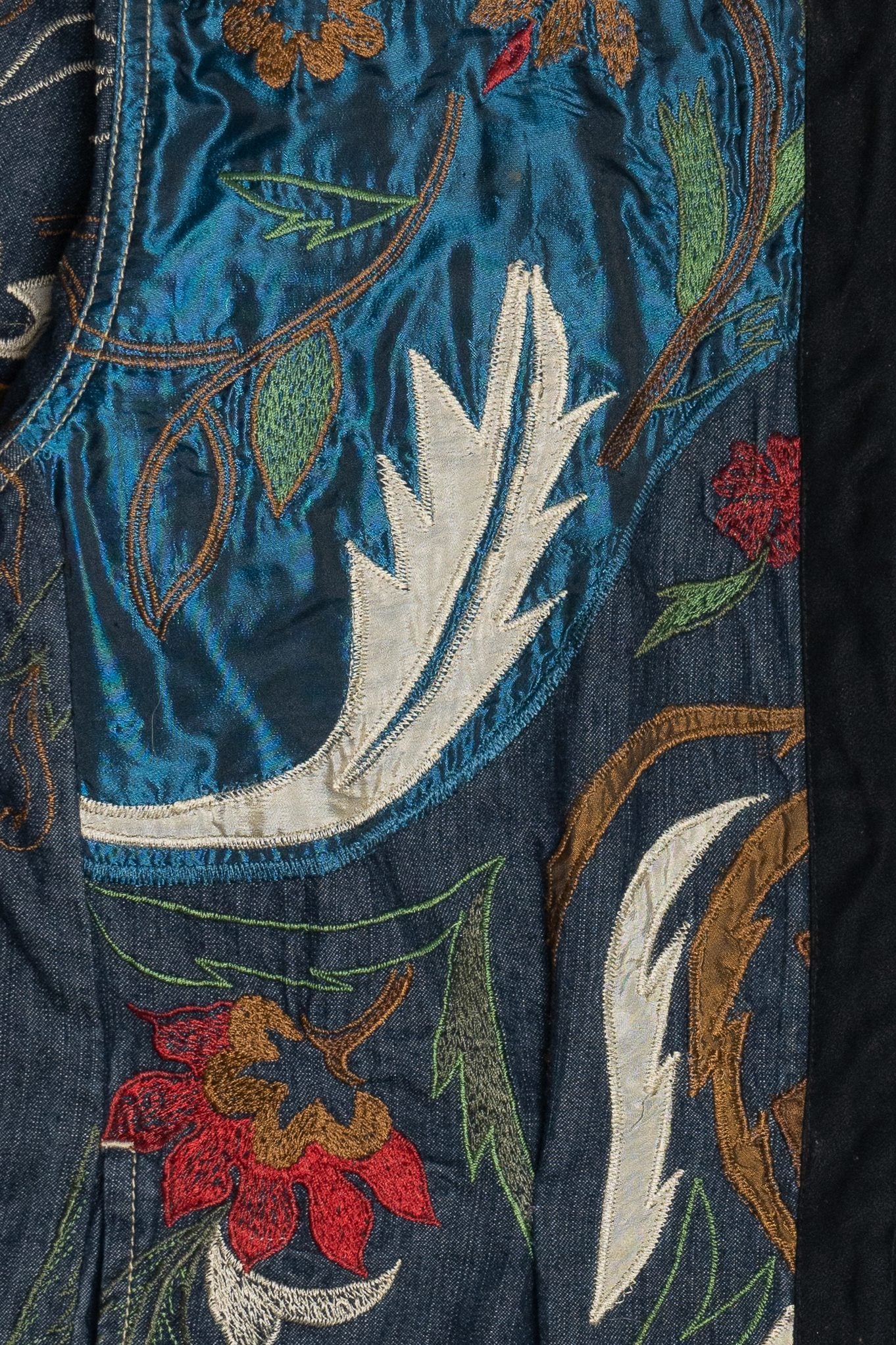 Vintage Chico's Silky Embroidered Patchwork Denim Jacket (2000s)