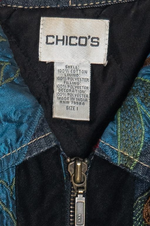 Vintage Chico's Silky Embroidered Patchwork Denim Jacket (2000s)