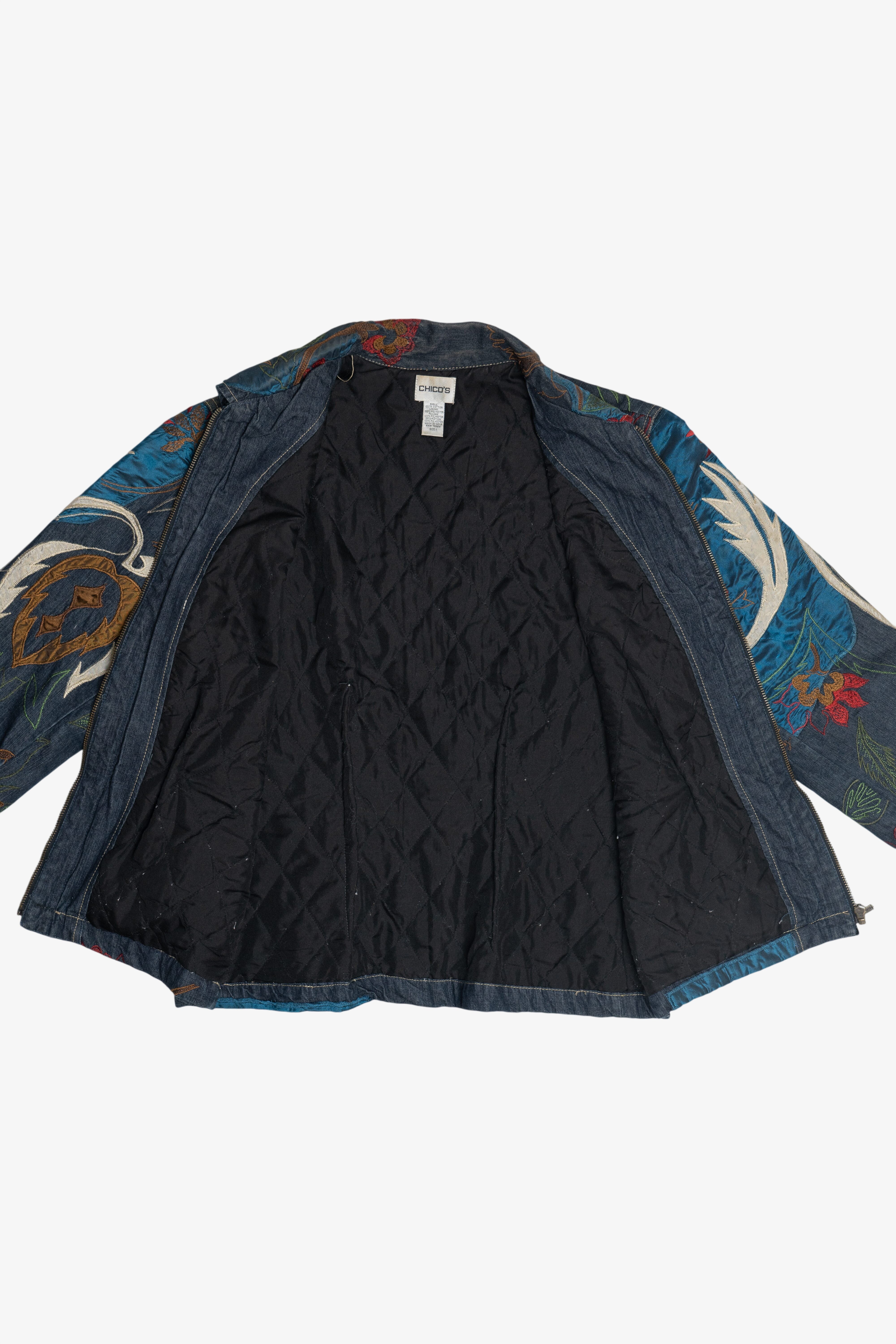 Vintage Chico's Silky Embroidered Patchwork Denim Jacket (2000s