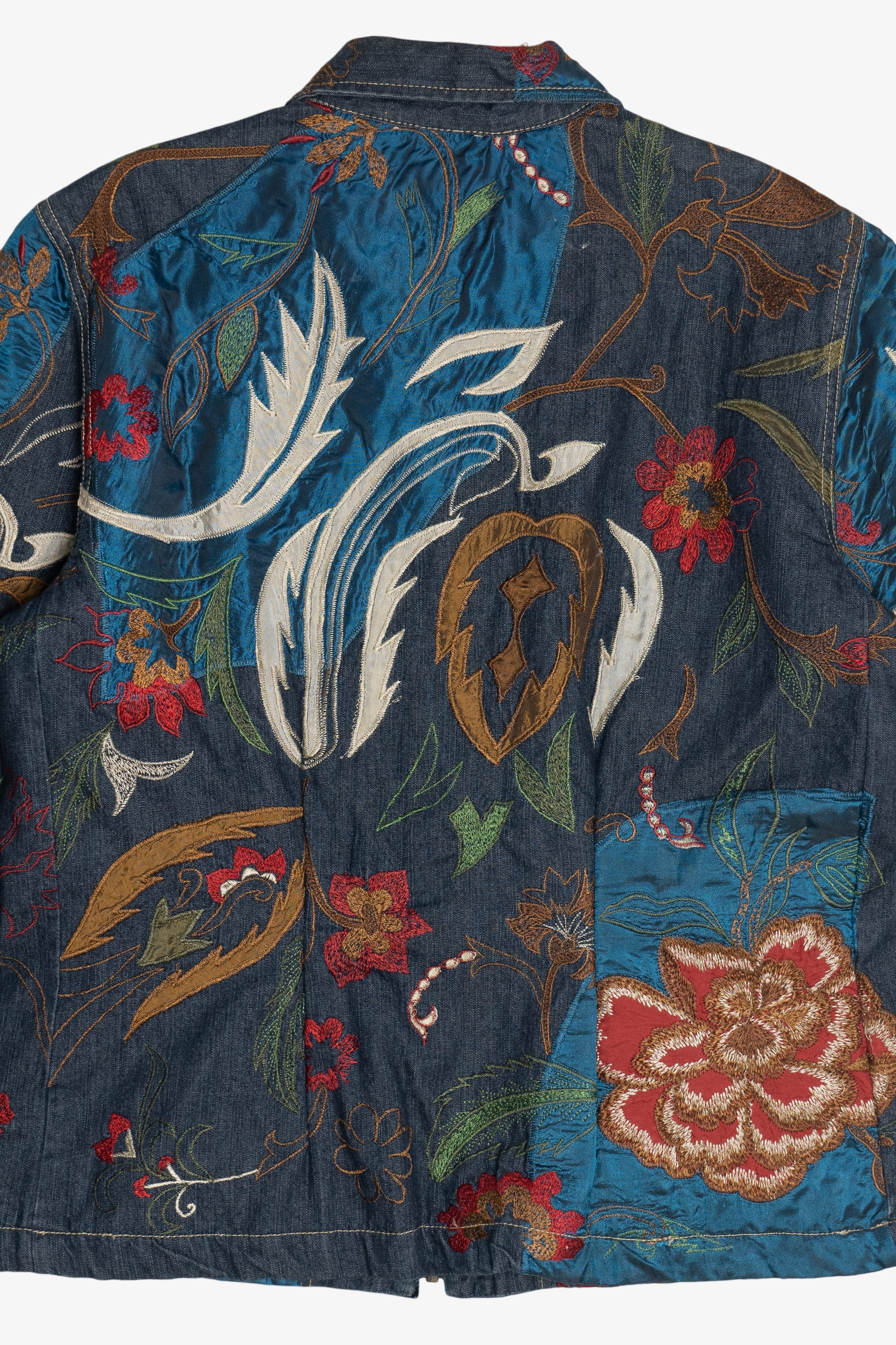 Vintage Chico's Silky Embroidered Patchwork Denim Jacket (2000s