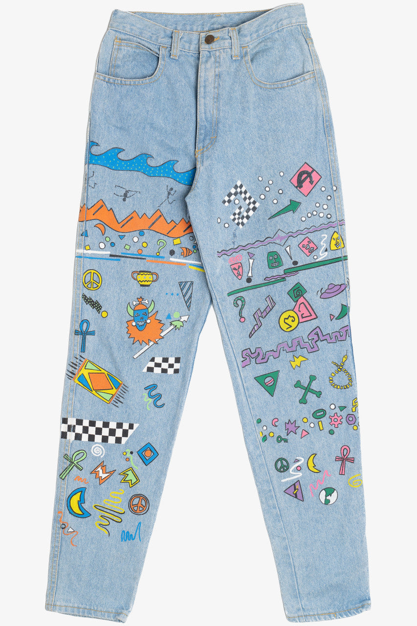 Vintage Hand Painted Memphis Design Doodle Art Denim Jeans (1990s