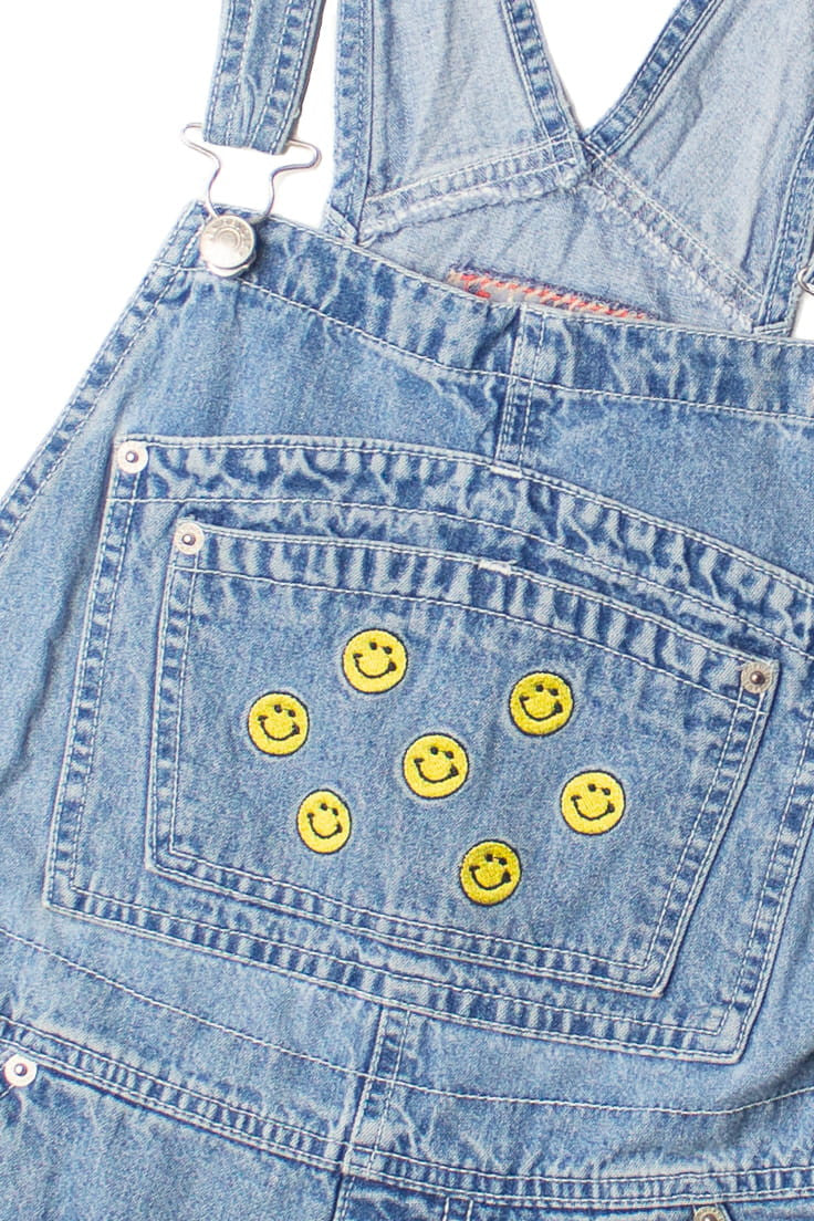 Vintage Revolt Smiley Face Carpenter Denim Overall Shorts (2000s)