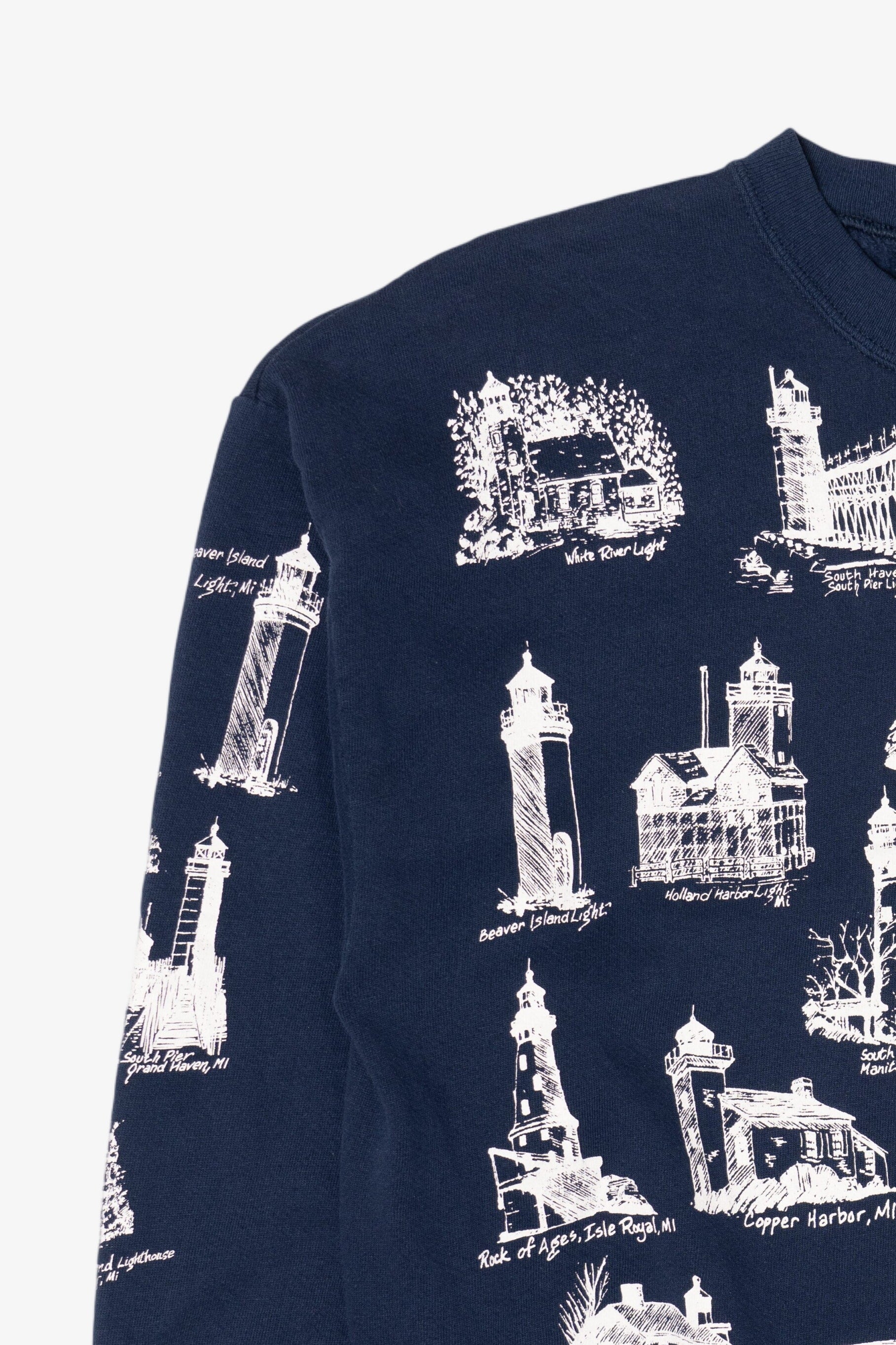Vintage Navy Blue Michigan Lighthouses Sweatshirt (1990s)