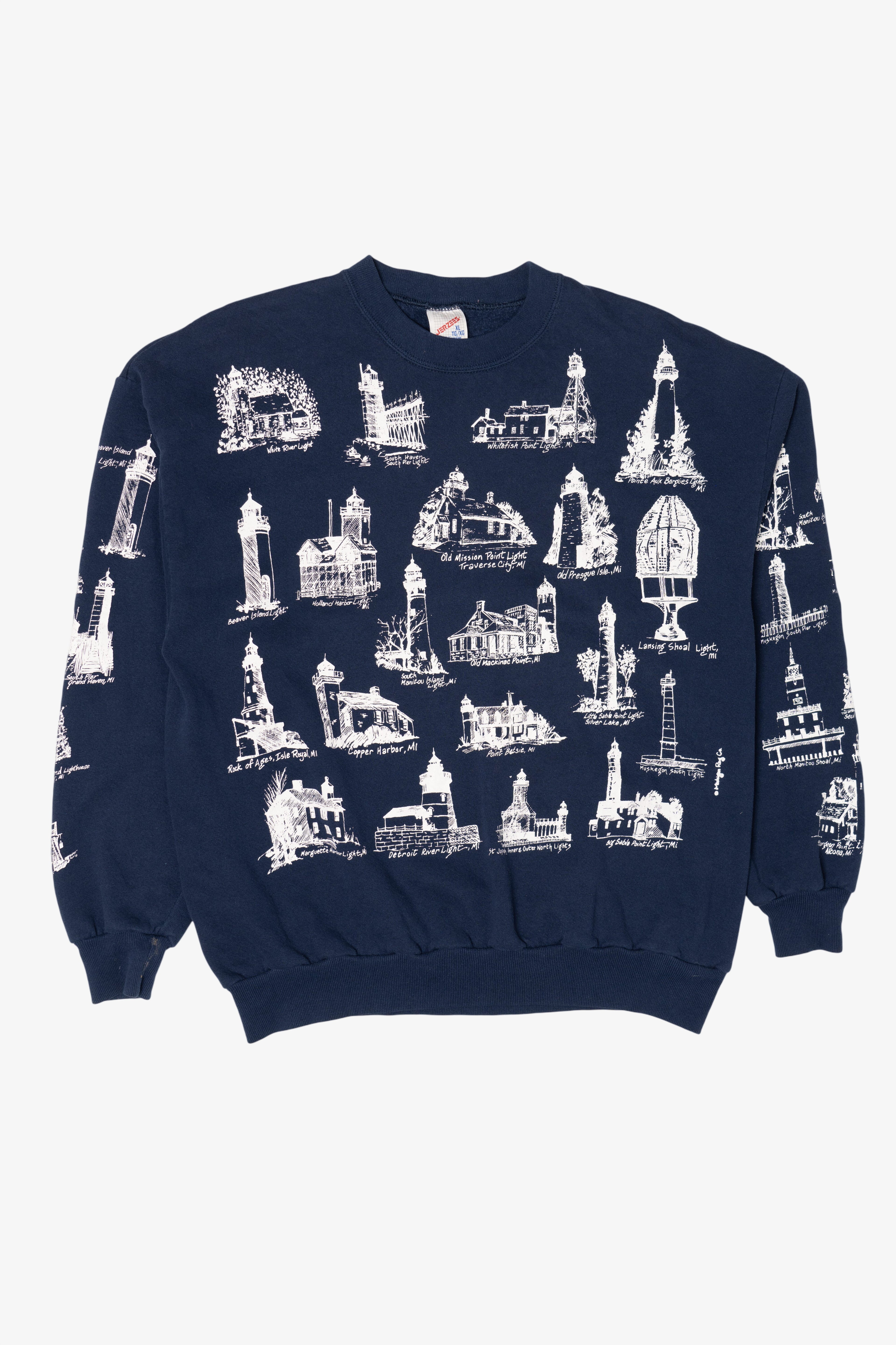 Vintage Navy Blue Michigan Lighthouses Sweatshirt (1990s)
