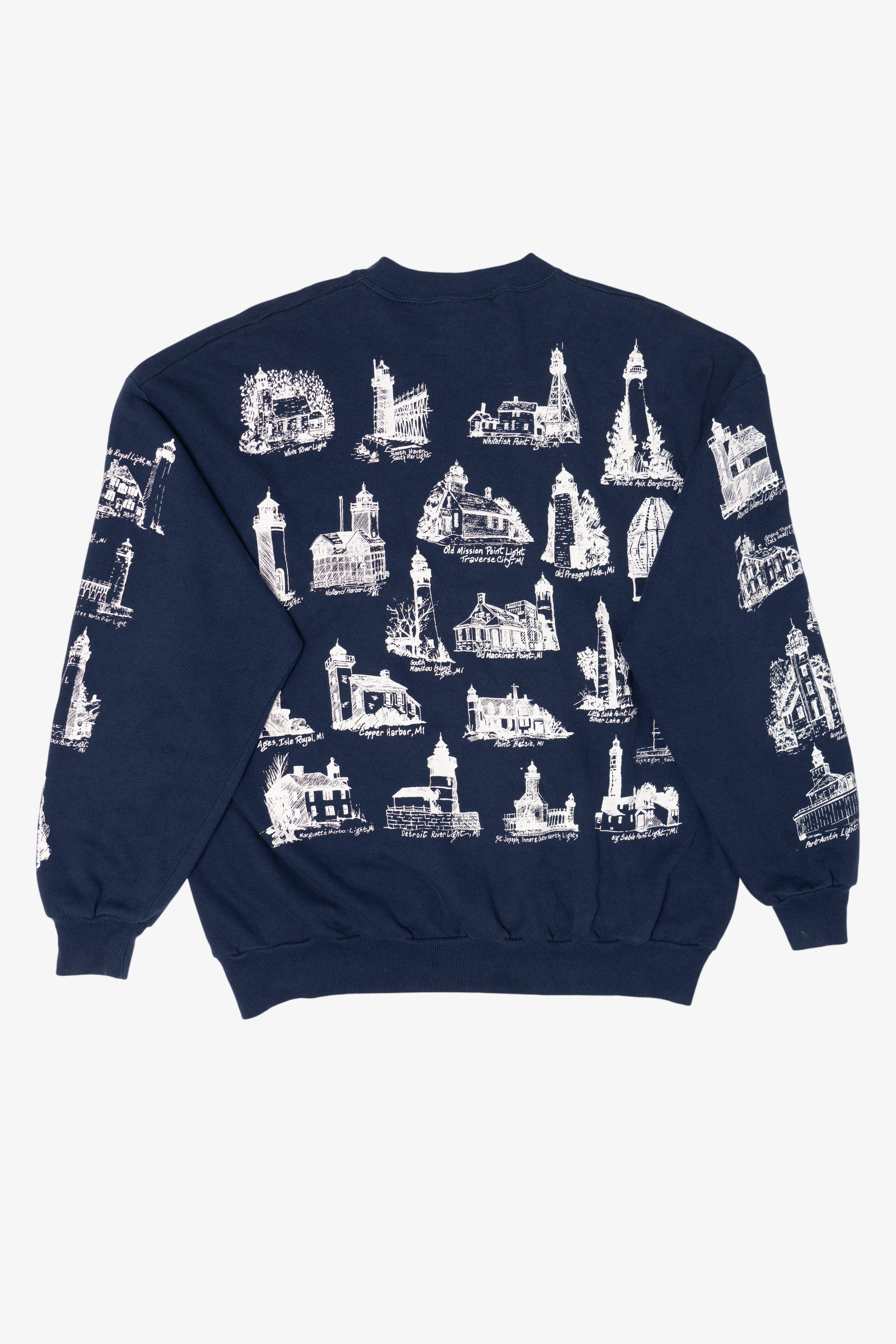 Vintage Navy Blue Michigan Lighthouses Sweatshirt (1990s)