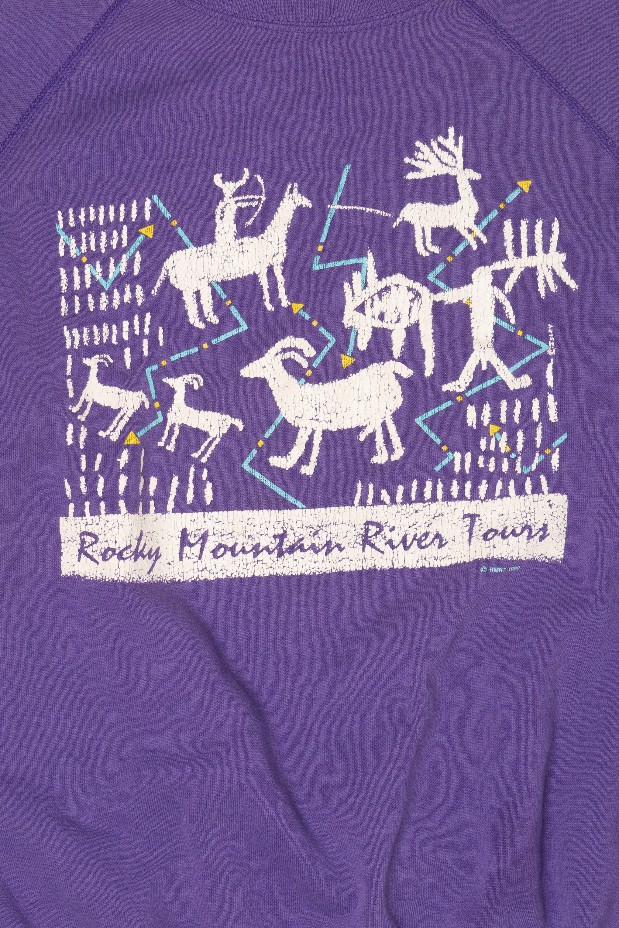 Vintage Purple Rocky Mountain River Tours Raglan Sweatshirt (1990s)