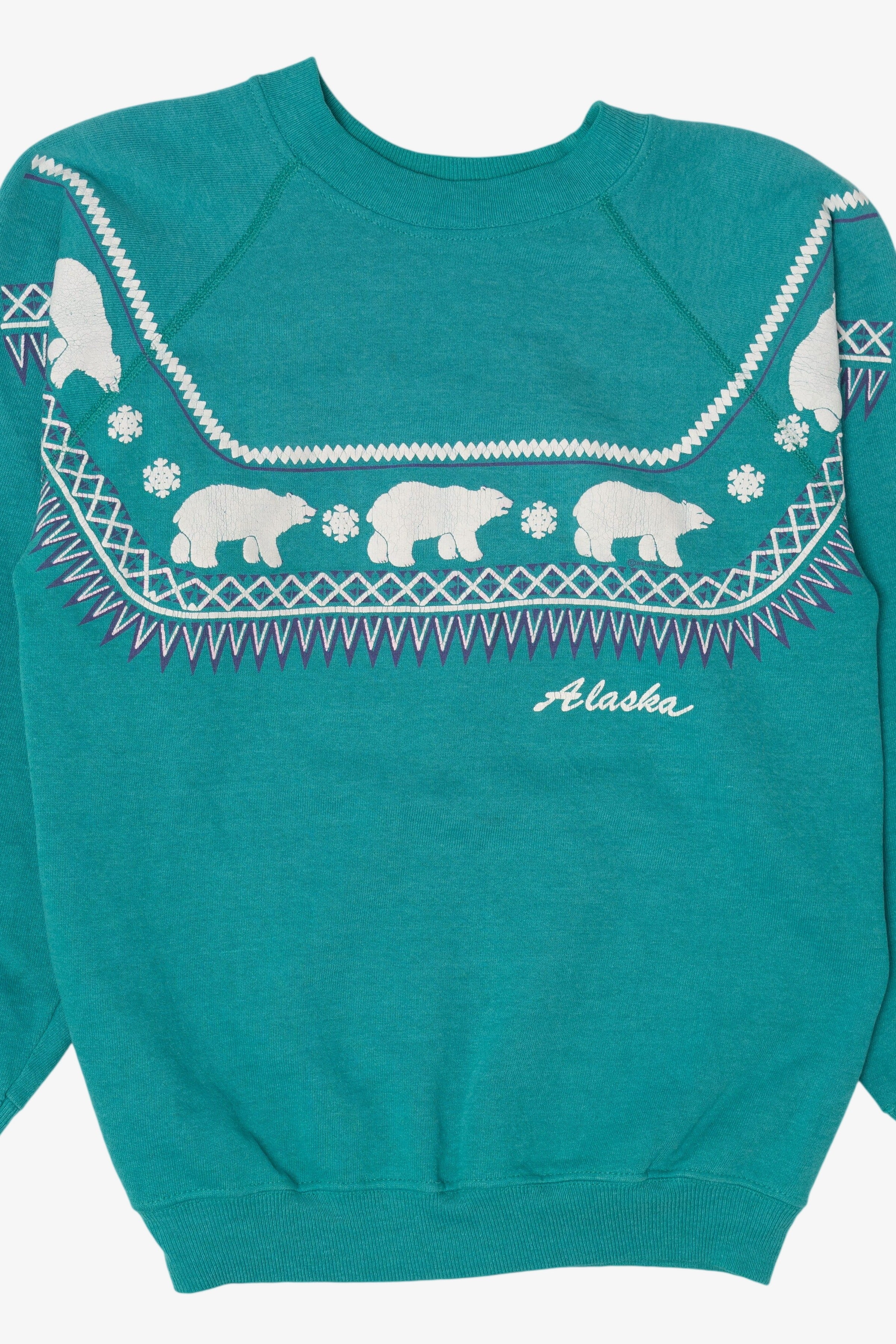 Vintage Teal Embossed Alaska Polar Bears Raglan Sweatshirt (1990s)