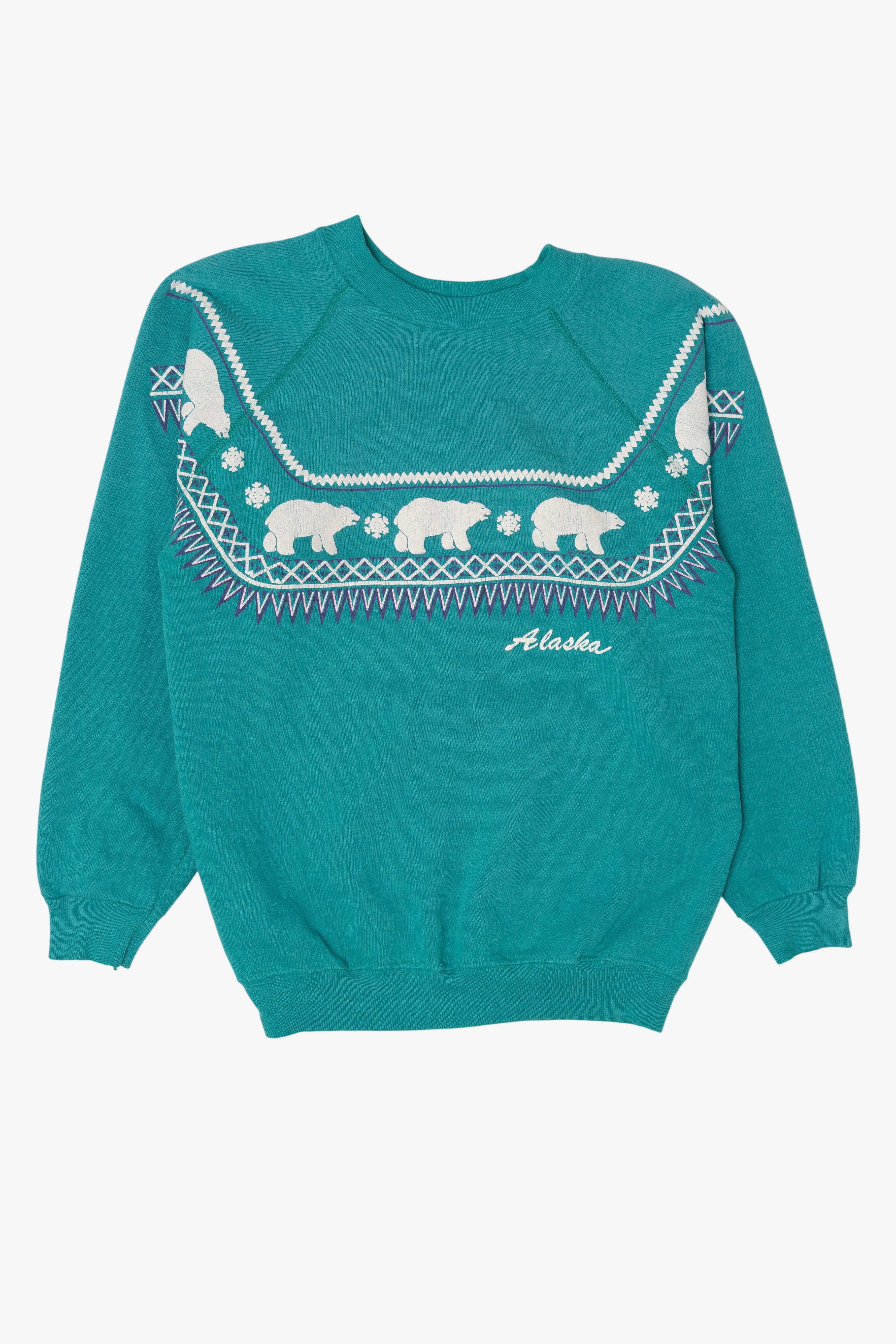 Vintage Teal Embossed Alaska Polar Bears Raglan Sweatshirt (1990s)