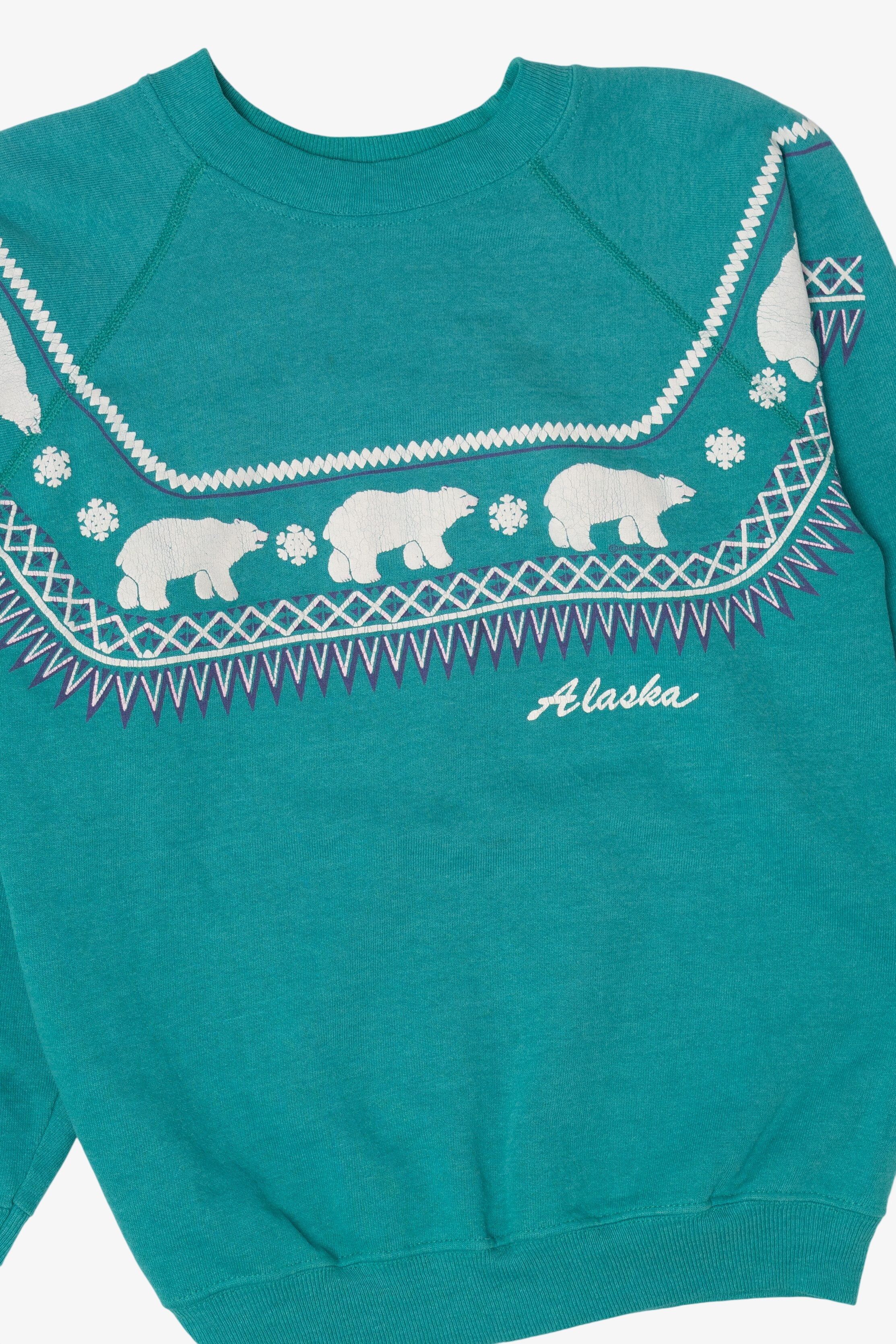 Vintage Teal Embossed Alaska Polar Bears Raglan Sweatshirt (1990s)