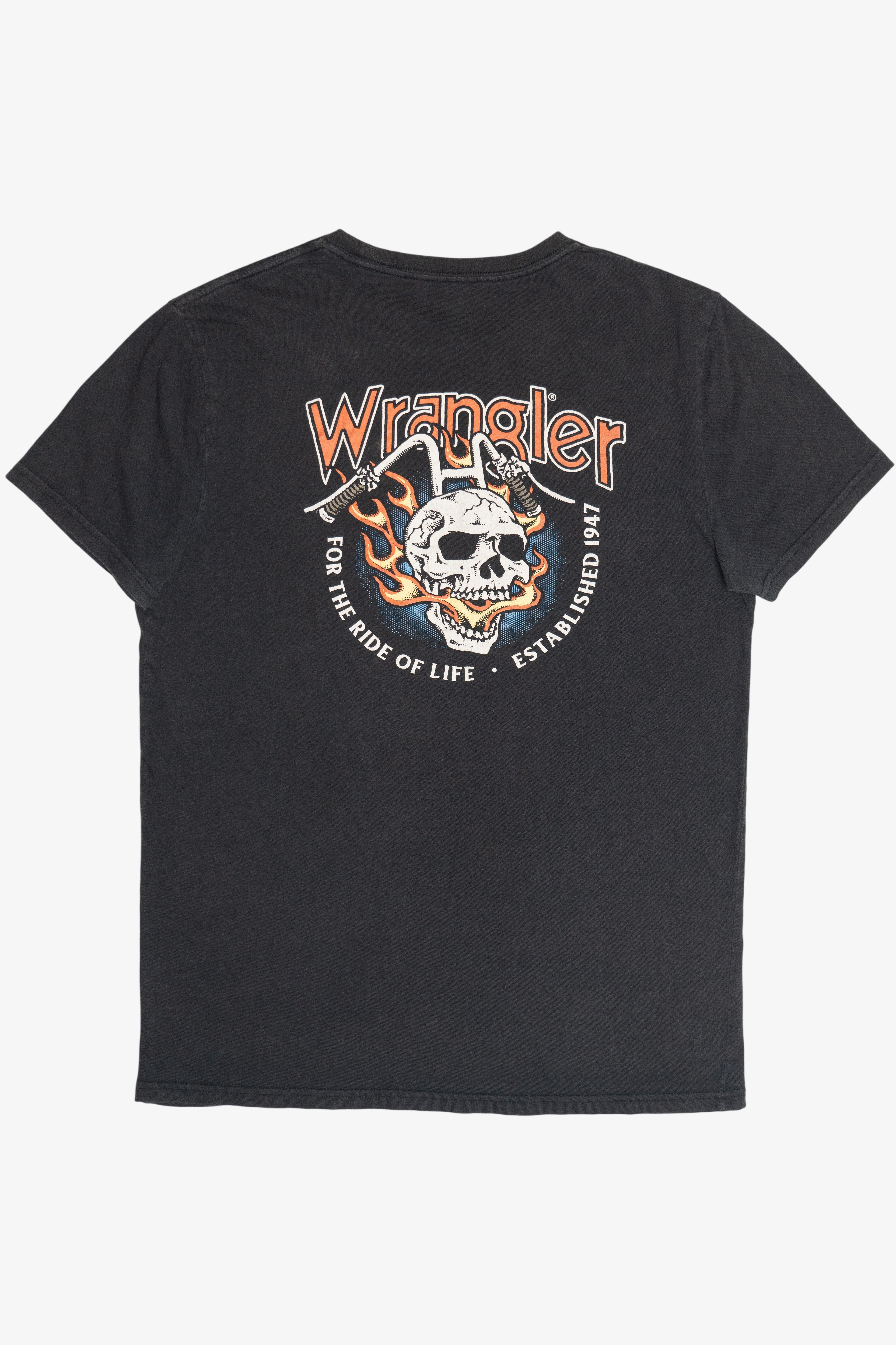 Wrangler "For The Ride Of Life" Motorcycle Skull With Flames Faded T-Shirt (2020s)