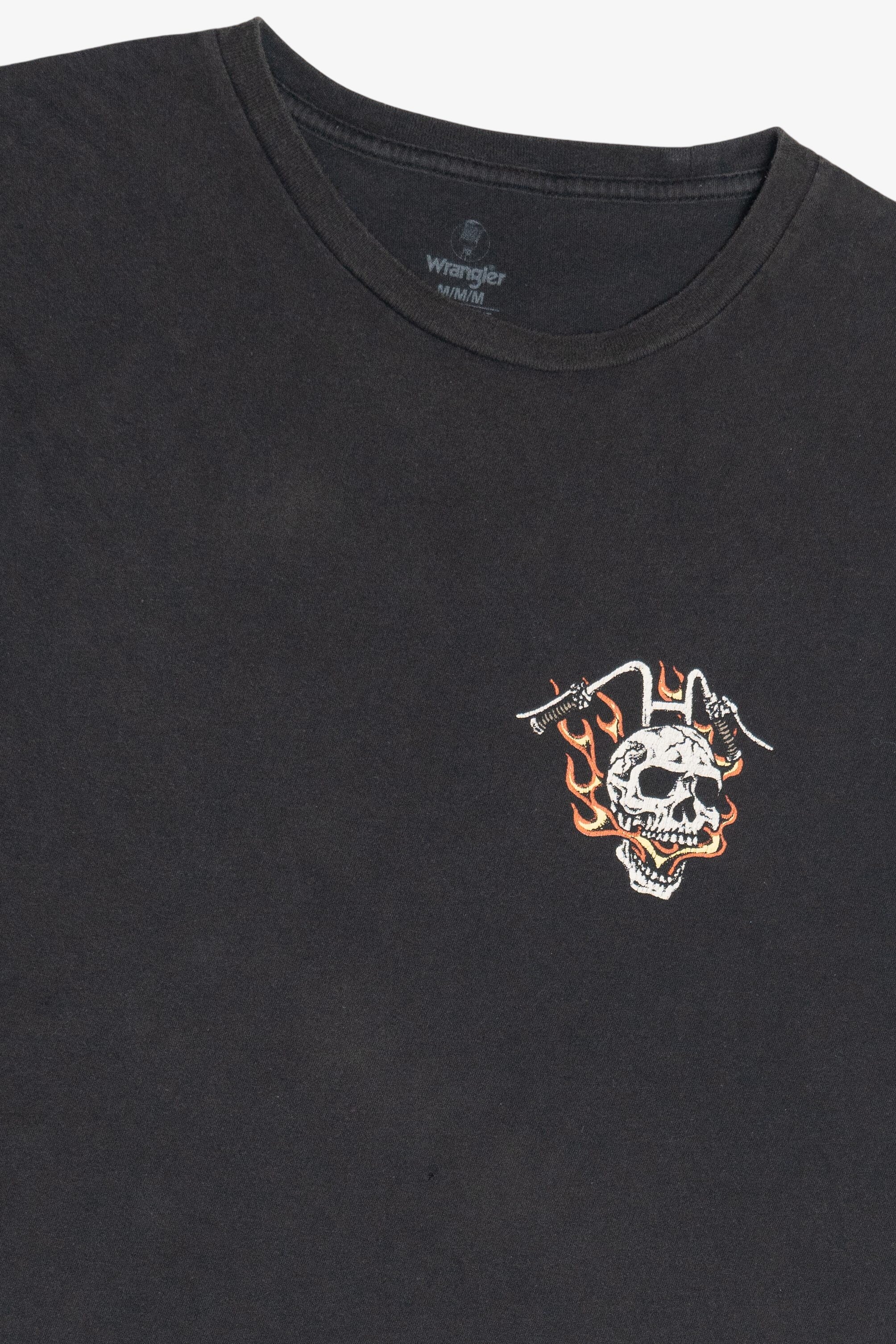 Wrangler "For The Ride Of Life" Motorcycle Skull With Flames Faded T-Shirt (2020s)