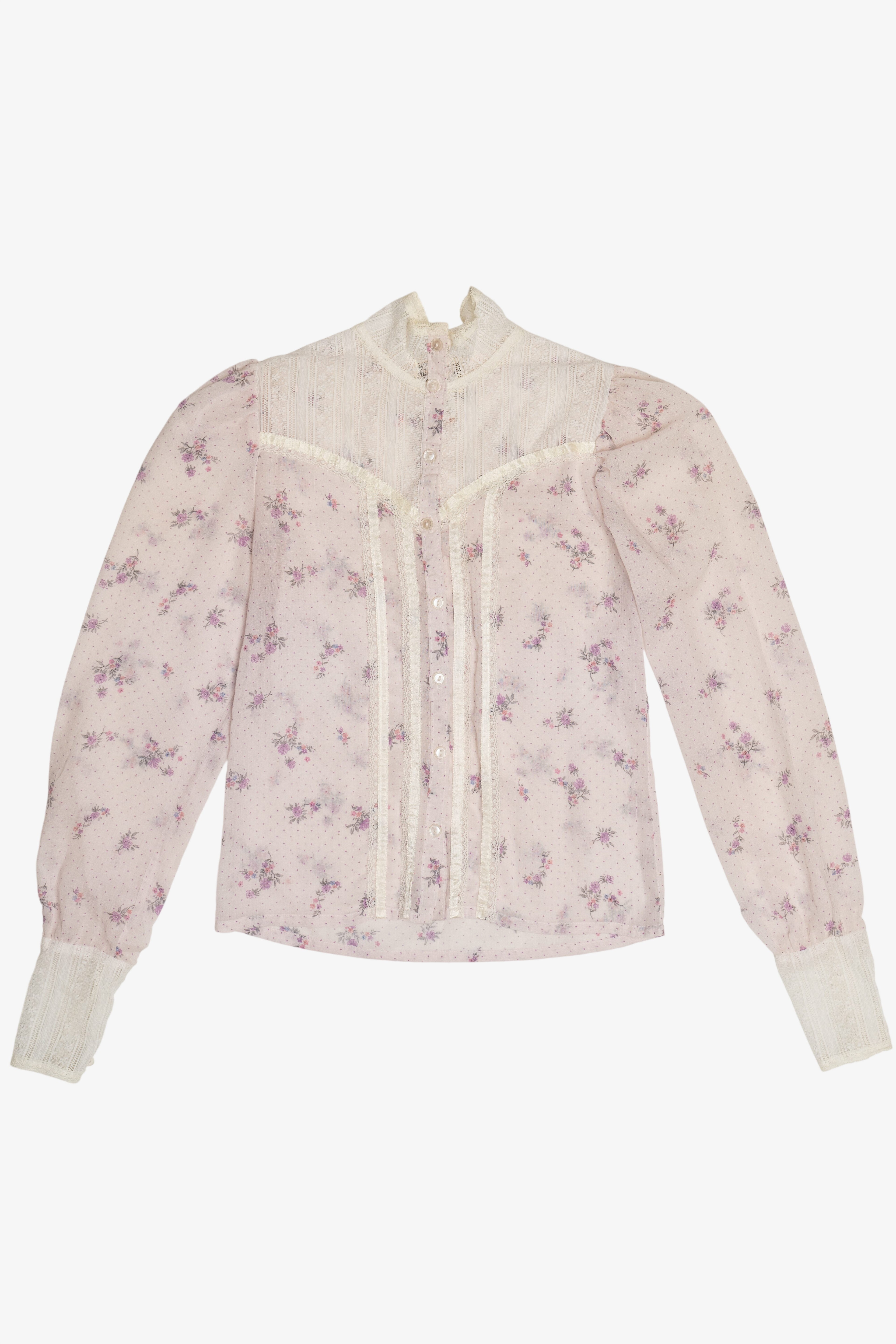 Vintage Gunne Sax 2 Piece Light Lavender Floral Semi Sheer Button Up Top & Skirt Set (1970s)