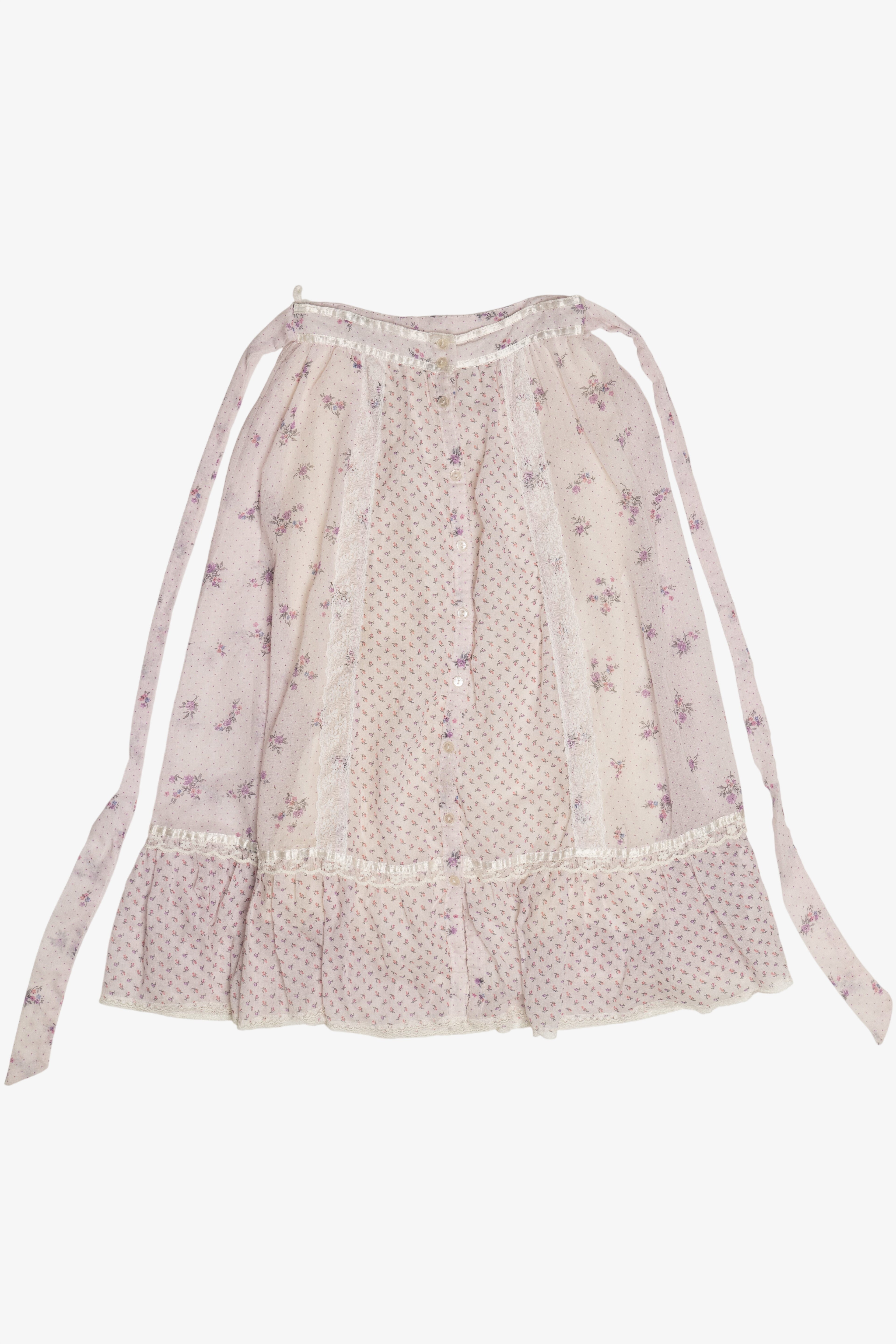 Vintage Gunne Sax 2 Piece Light Lavender Floral Semi Sheer Button Up Top & Skirt Set (1970s)