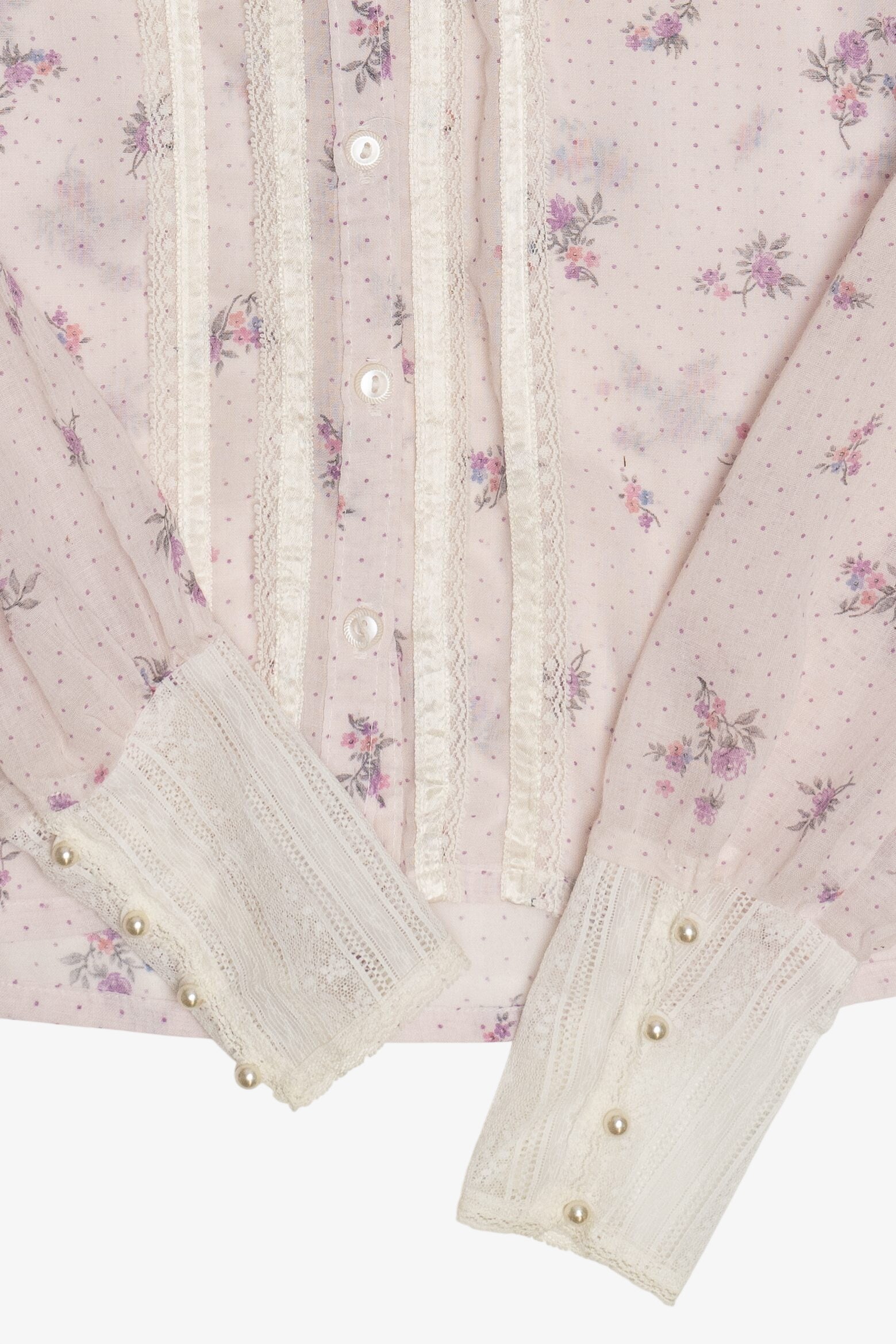 Vintage Gunne Sax 2 Piece Light Lavender Floral Semi Sheer Button Up Top & Skirt Set (1970s)