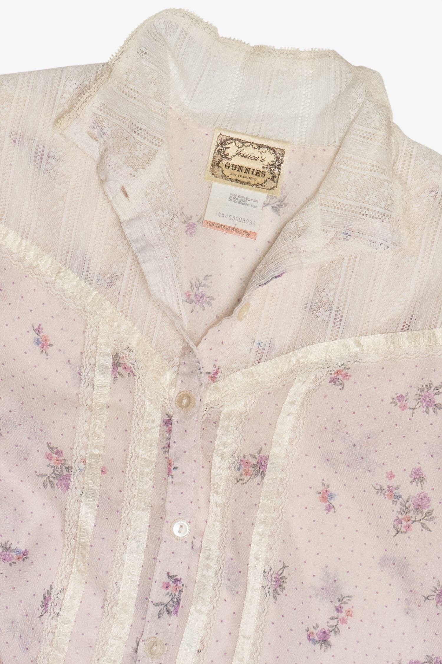 Vintage Gunne Sax 2 Piece Light Lavender Floral Semi Sheer Button Up Top & Skirt Set (1970s)