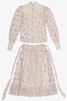 Vintage Gunne Sax 2 Piece Light Lavender Floral Semi Sheer Button Up Top & Skirt Set (1970s)