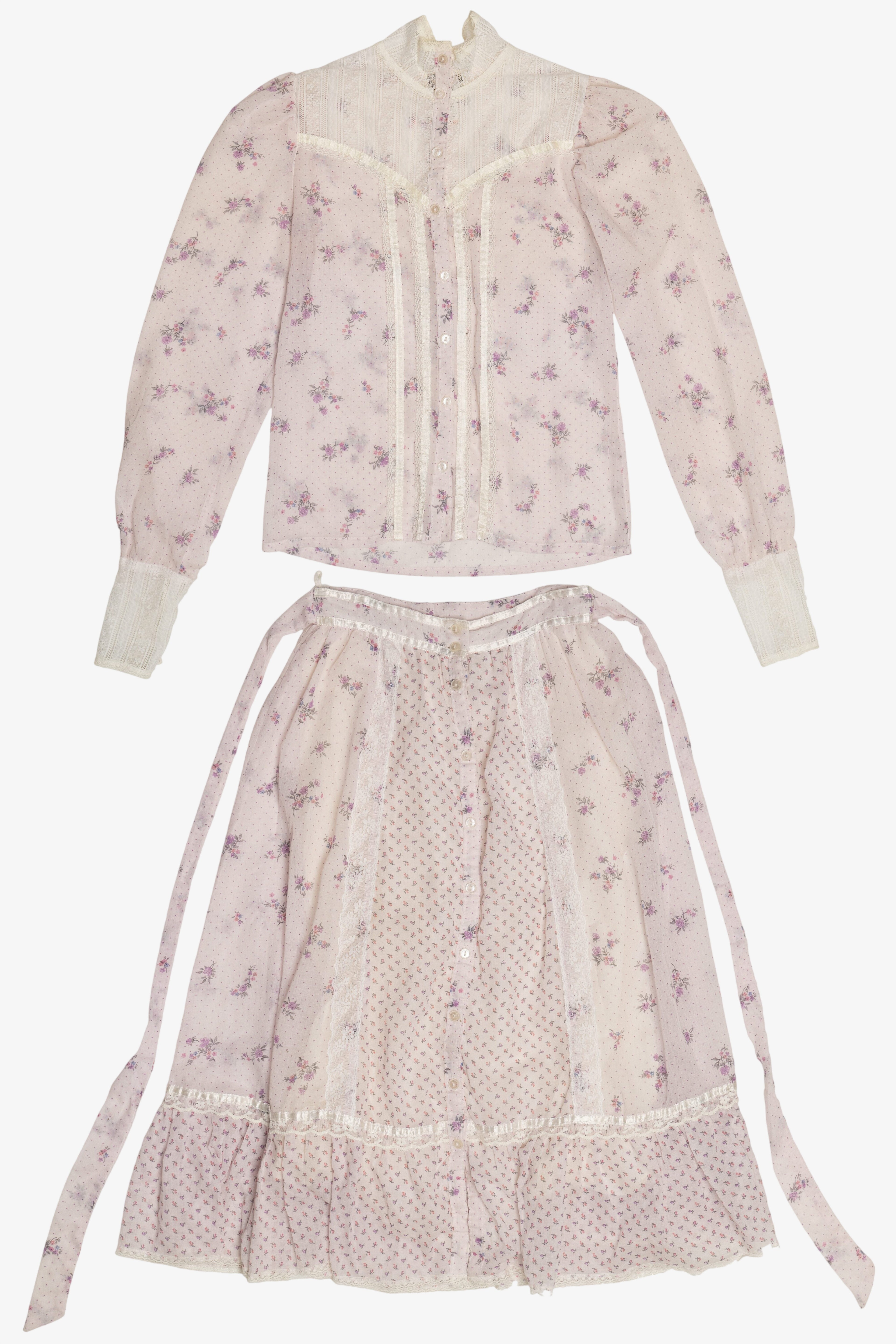 Vintage Gunne Sax 2 Piece Light Lavender Floral Semi Sheer Button Up Top & Skirt Set (1970s)