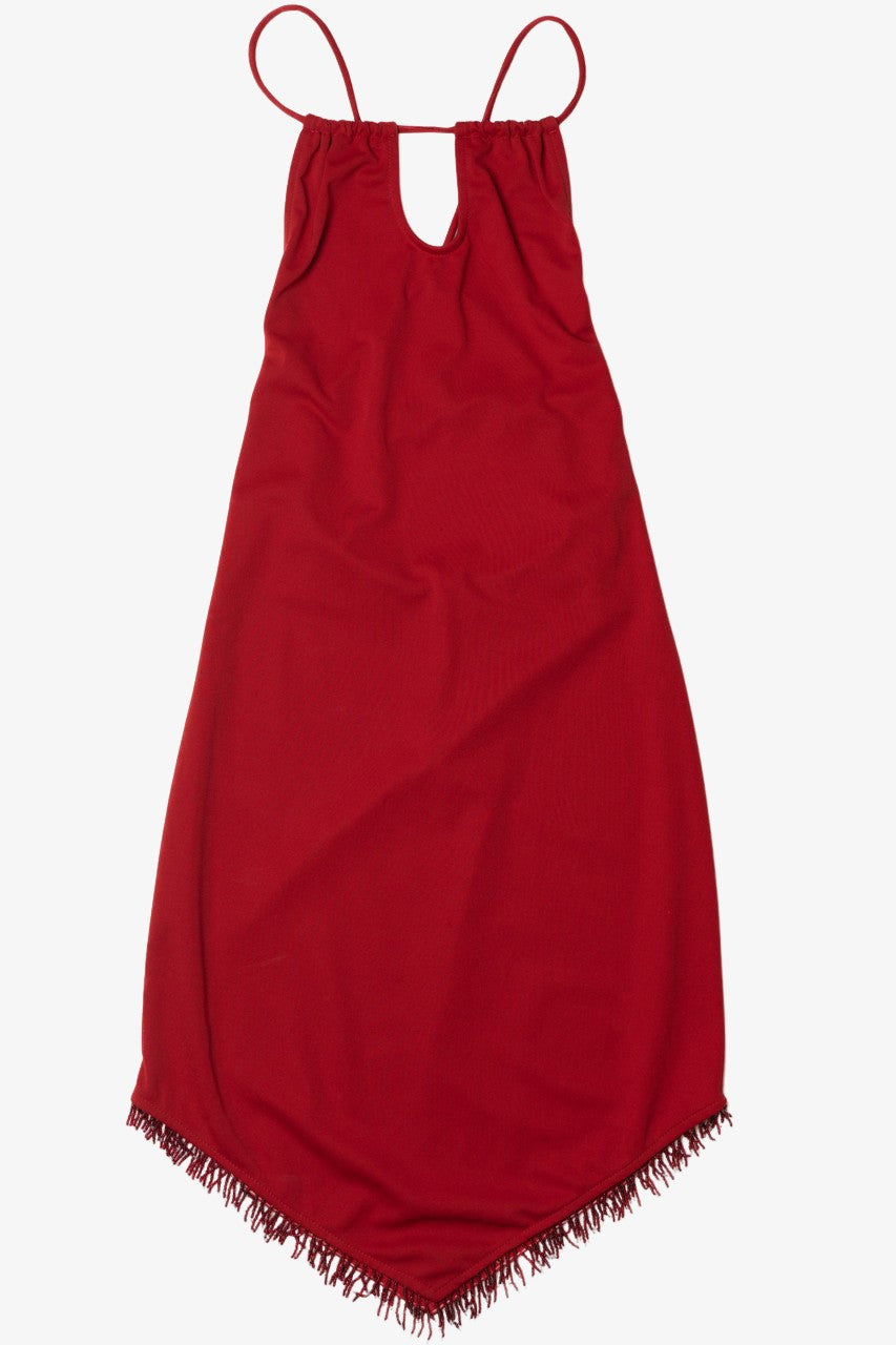 Vintage Beaded Fringe Hem Halter Tie Back Dress