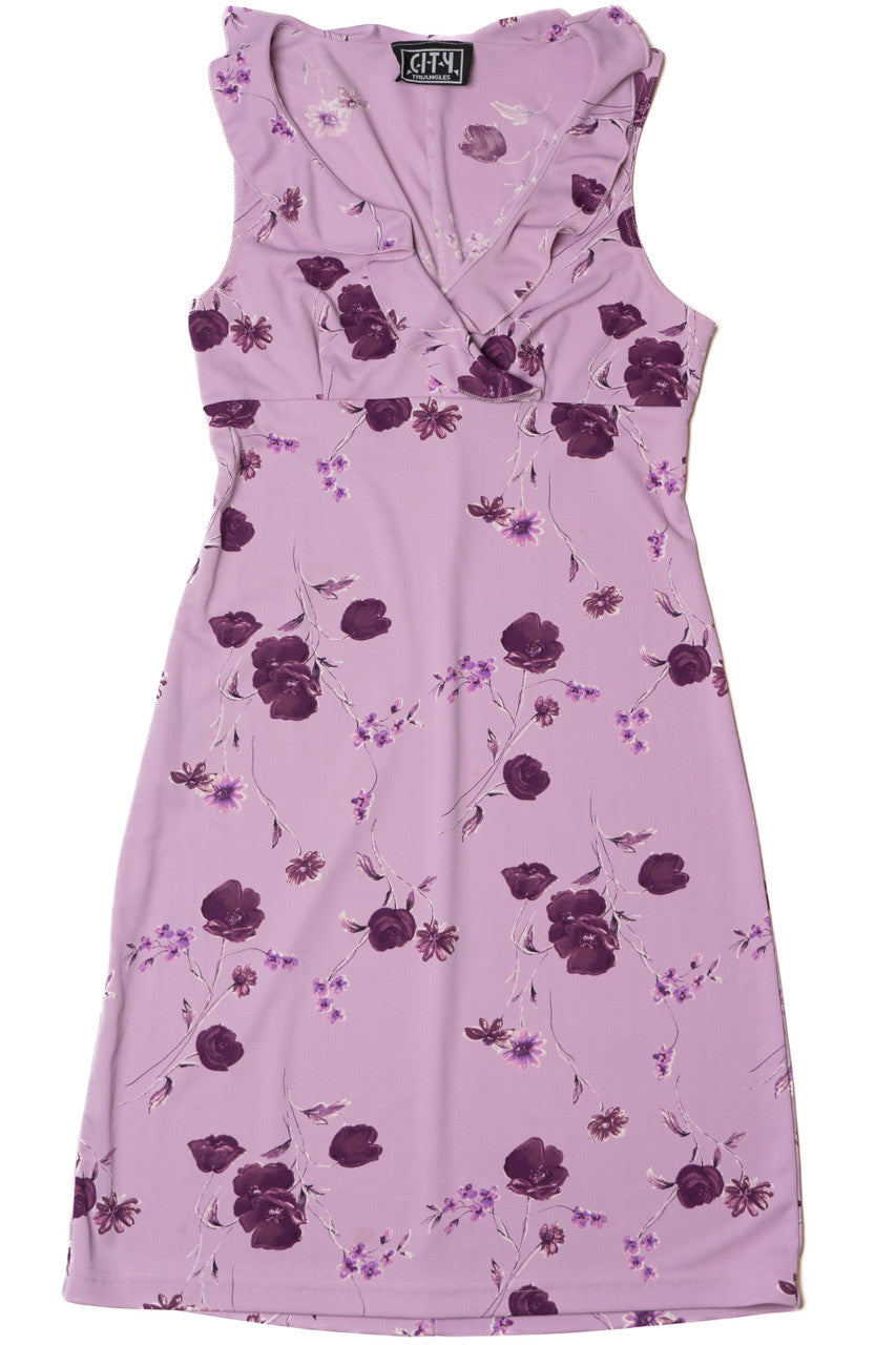 Vintage Lavender Floral Ruffle Trim City Triangles Dress