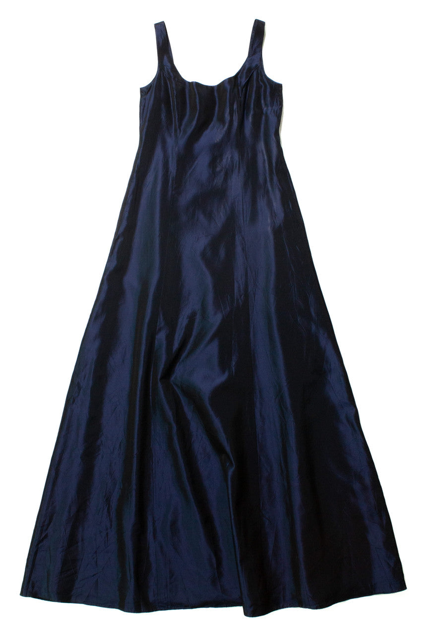 Vintage Navy Satin A-Line Maxi Dress