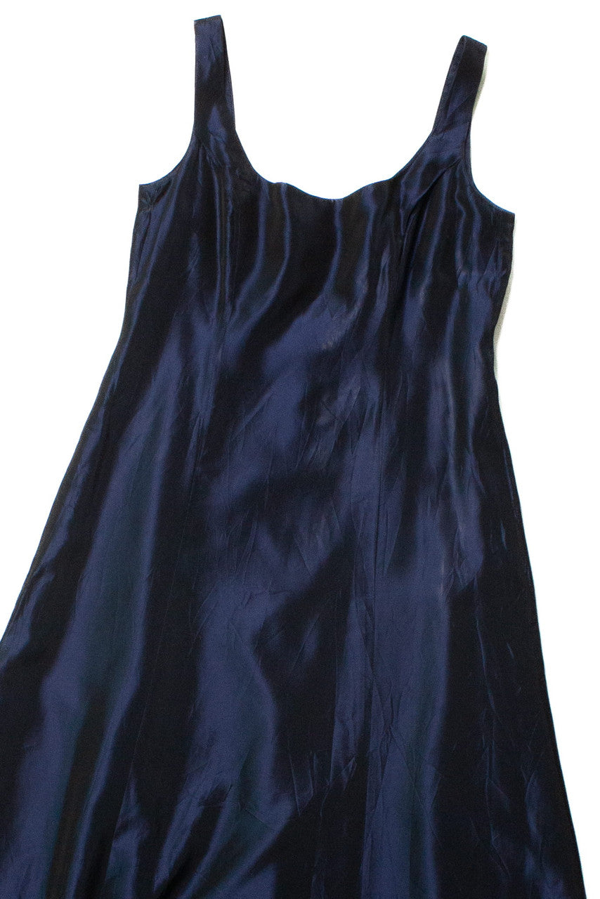 Vintage Navy Satin A-Line Maxi Dress