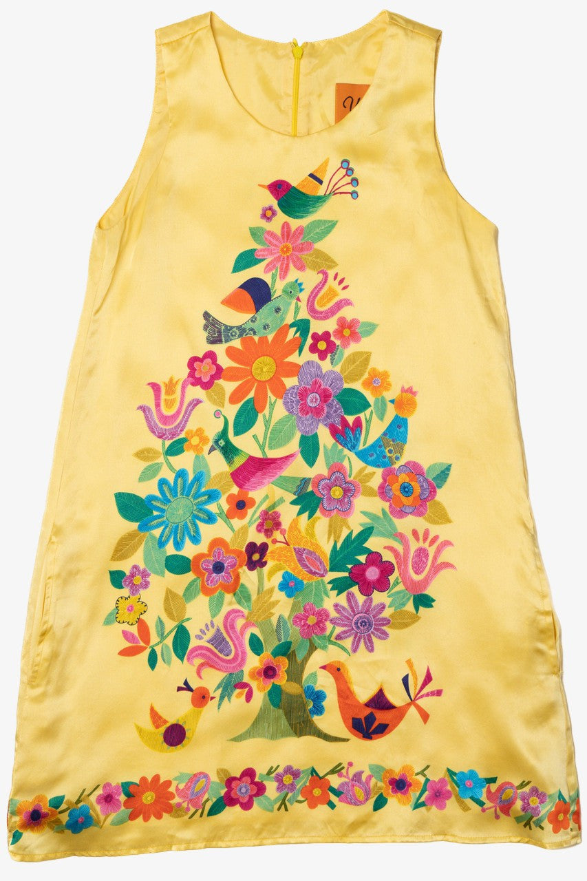 Vintage Voom By Joy Han Floral Bird Print Satin Dress