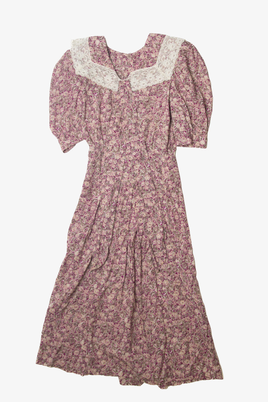 Vintage Floral Pattern Lace Collar Dress (1970s)