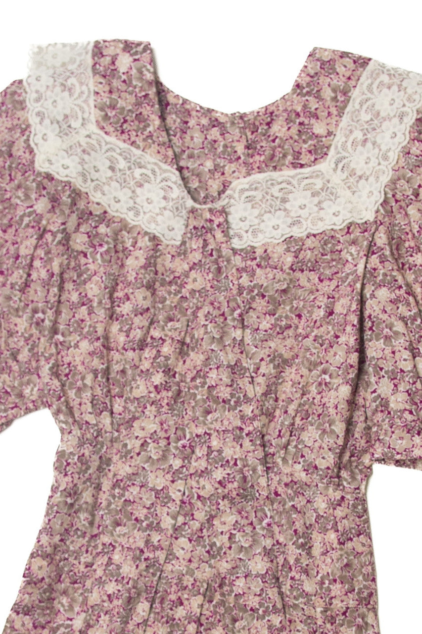 Vintage Floral Pattern Lace Collar Dress (1970s)