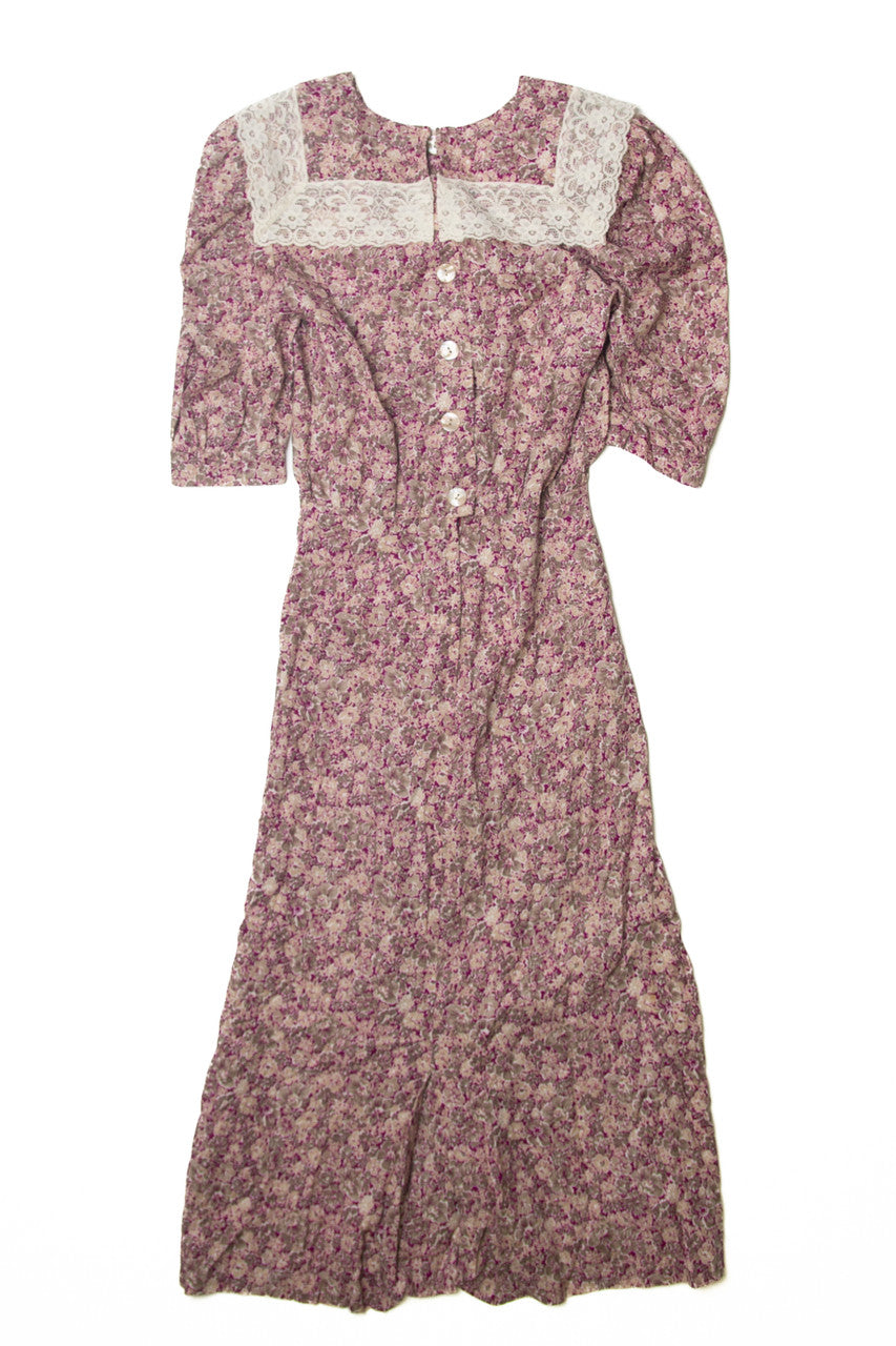 Vintage Floral Pattern Lace Collar Dress (1970s)