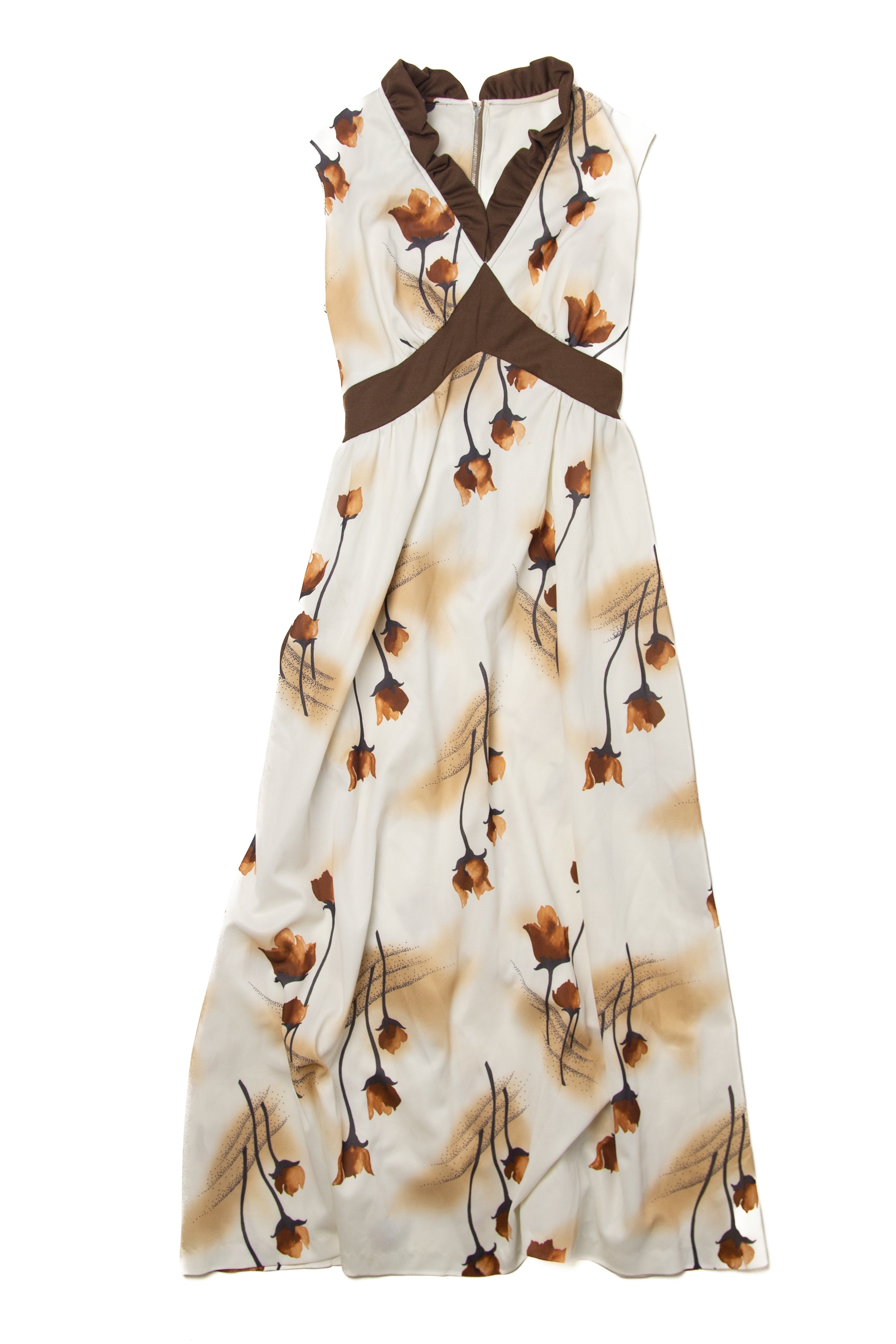 Recycled White And Brown Flowers Dress